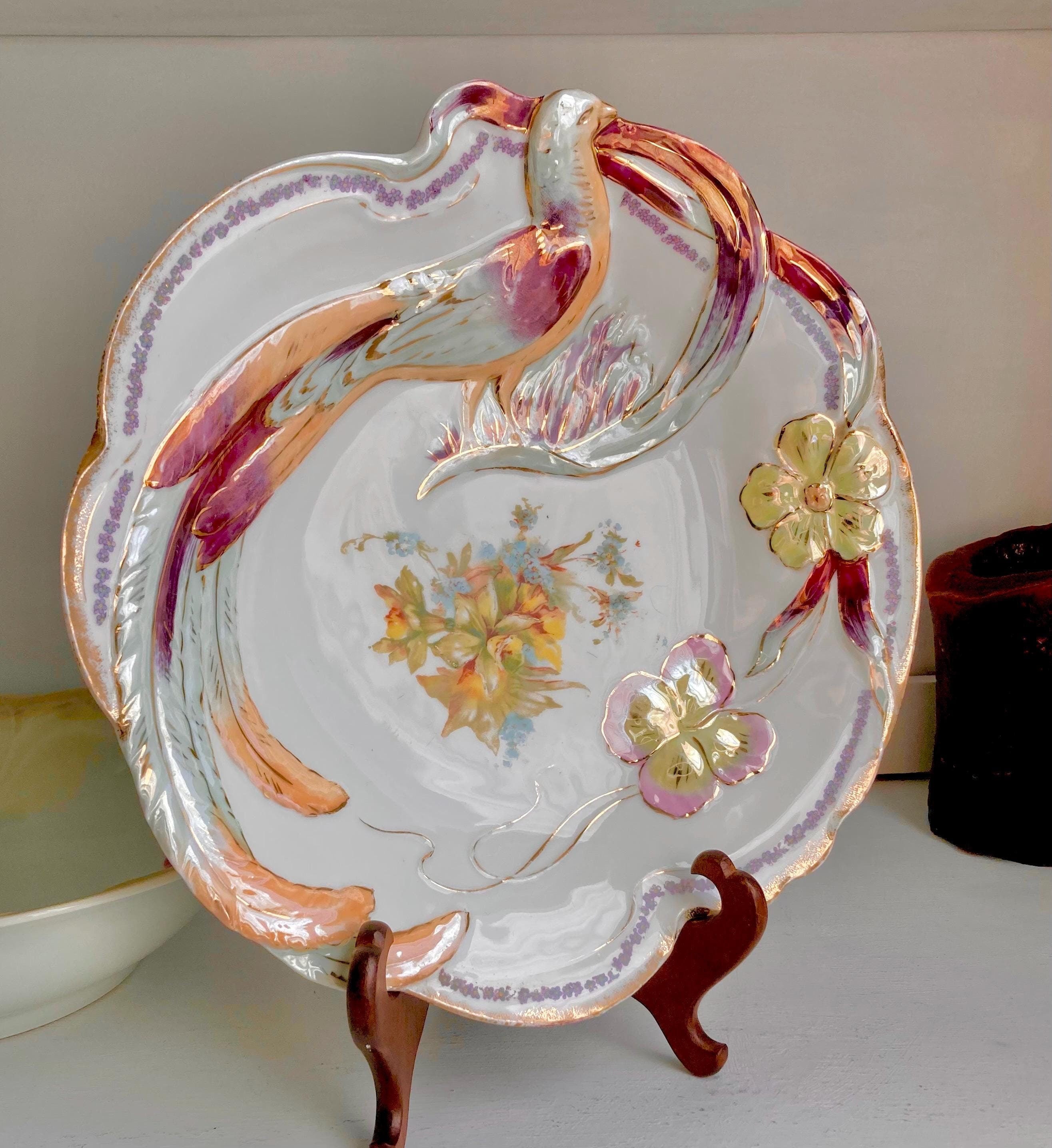 Vintage Bavarian Porcelain Bowl: Hand-Painted Bird & Floral Luster Dish
