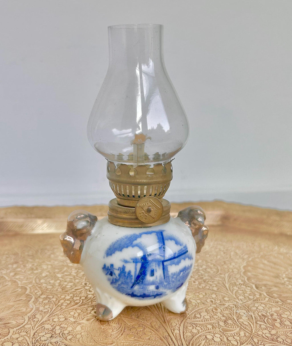 Vintage Dutch Windmill Porcelain Oil Lamp: Blue & White China, Gilt Trim