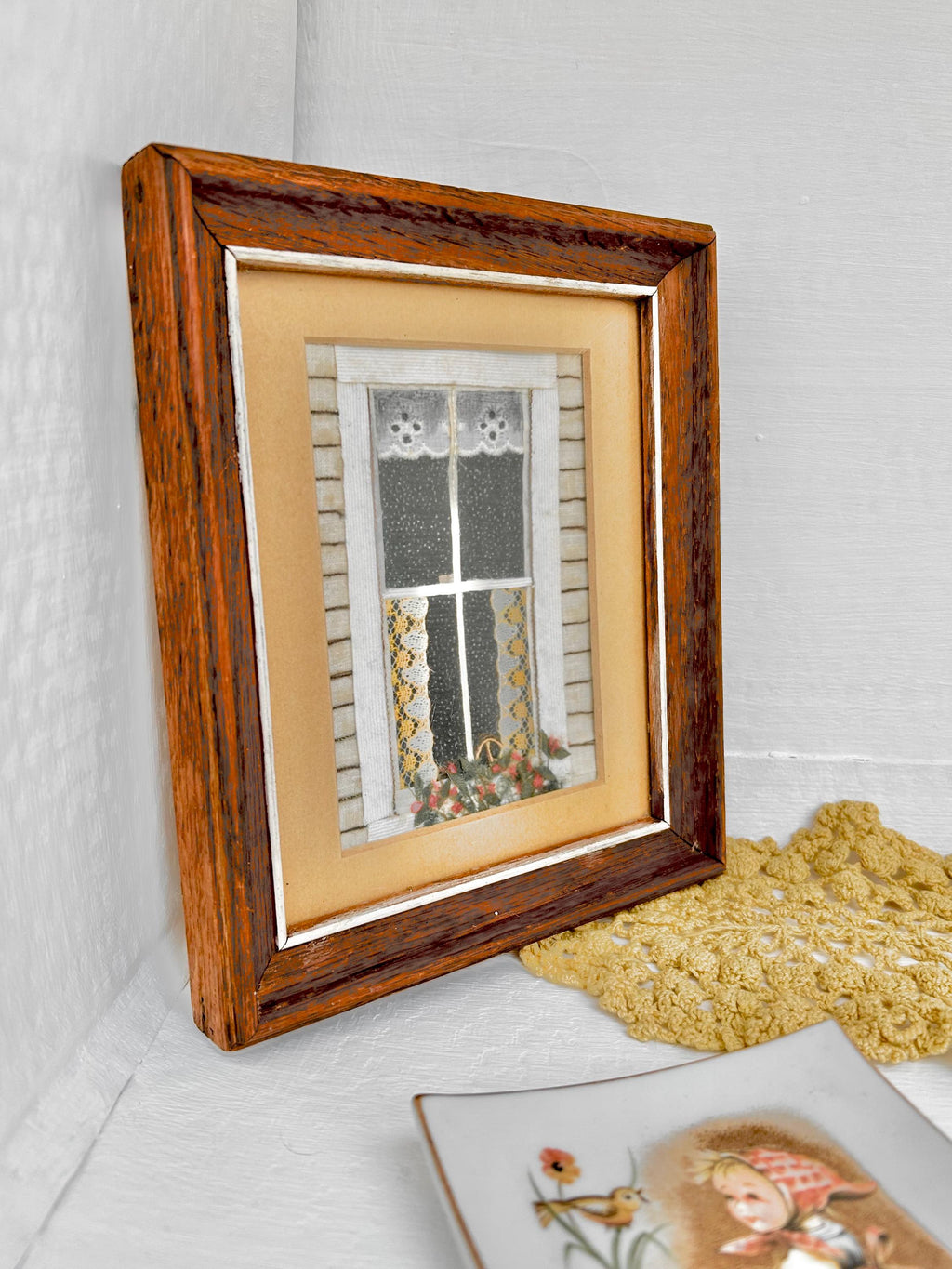 Vintage Framed Mixed Media Art: Country Cottage Window Scene, 1982
