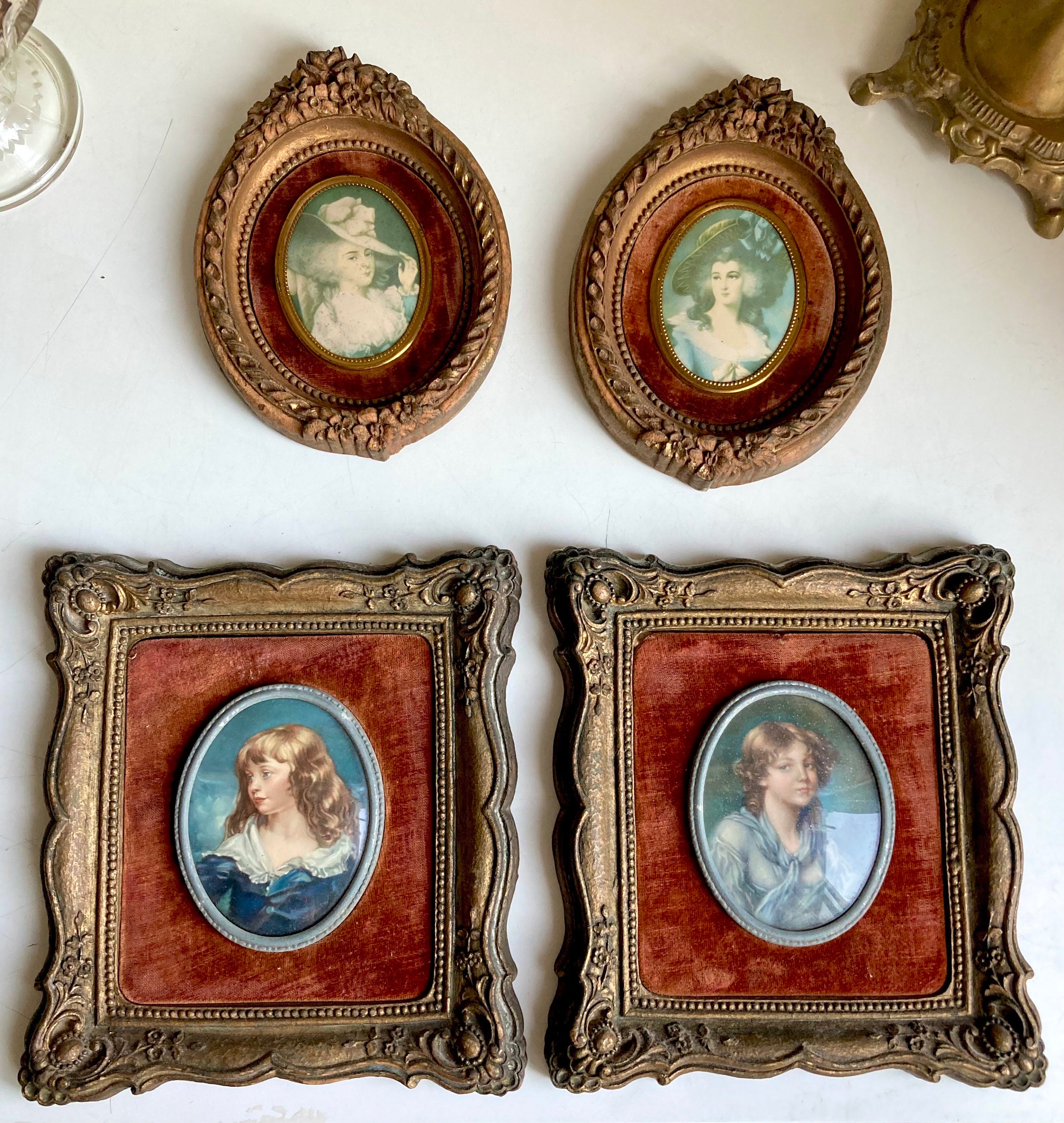 Vintage Framed Cameo Portrait: Gilt Floral Wood & Velvet Decor - Choose 1