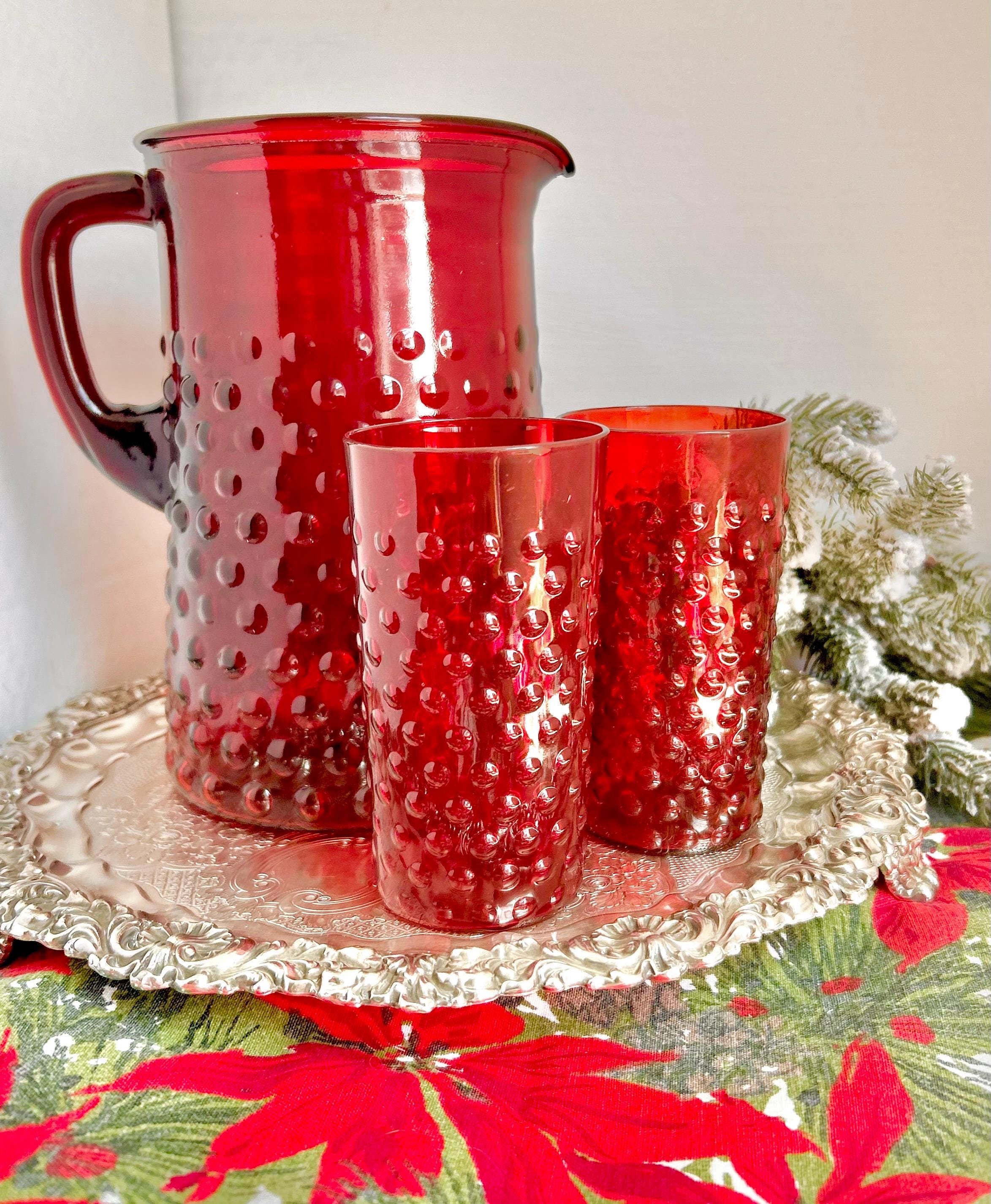 Vintage Anchor Hocking Royal Ruby Red Hobnail Glass Set: Pitcher & 8 Juice Glasses