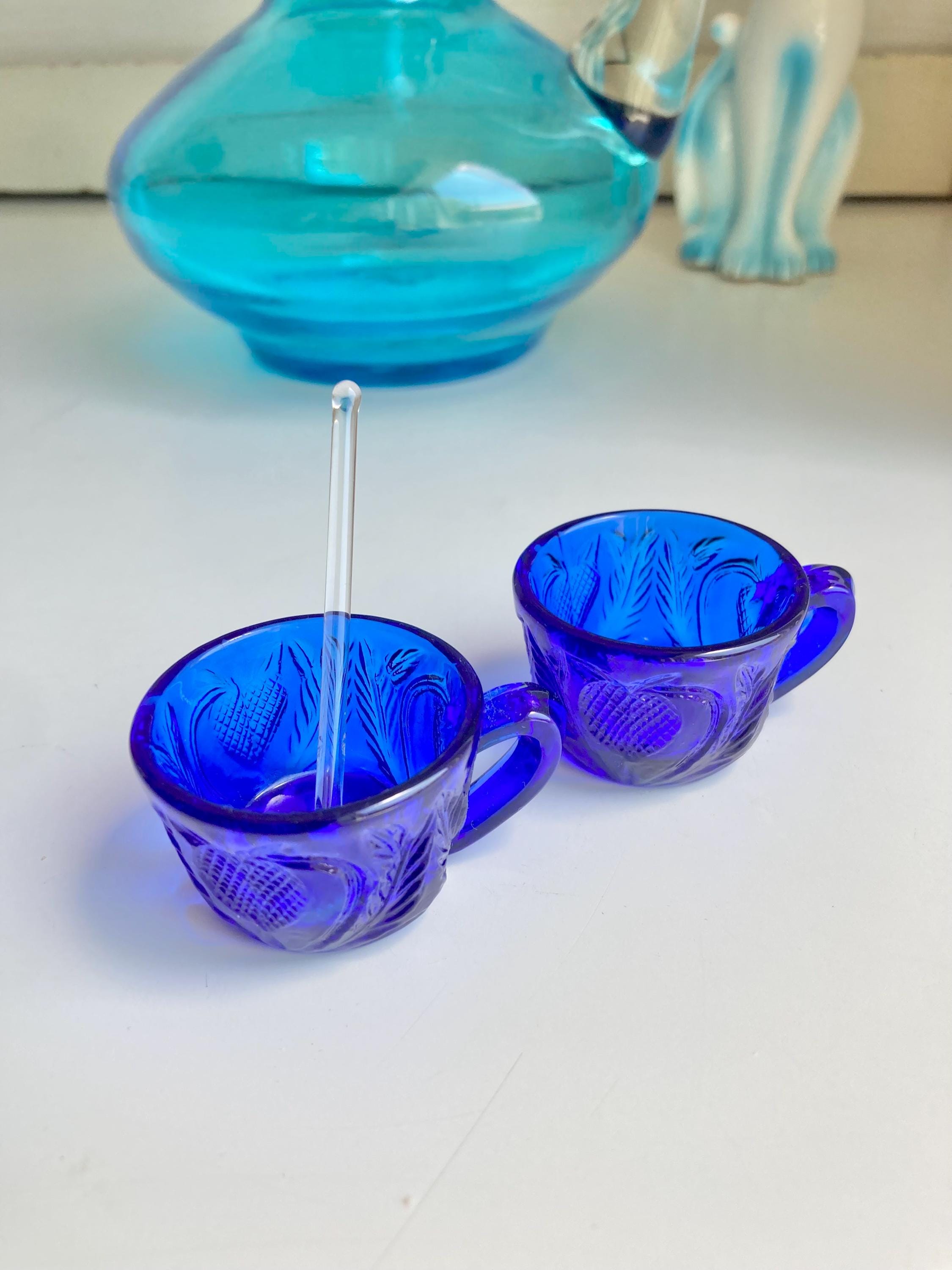 Vinage Cobalt Blue Glass Salt Cellars with fruit pattern, cup handles