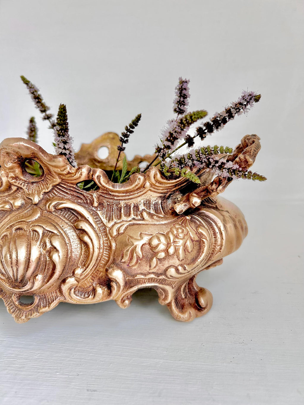 Vintage Solid Brass Jardinier: Neoclassical Footed Planter with Floral Motifs