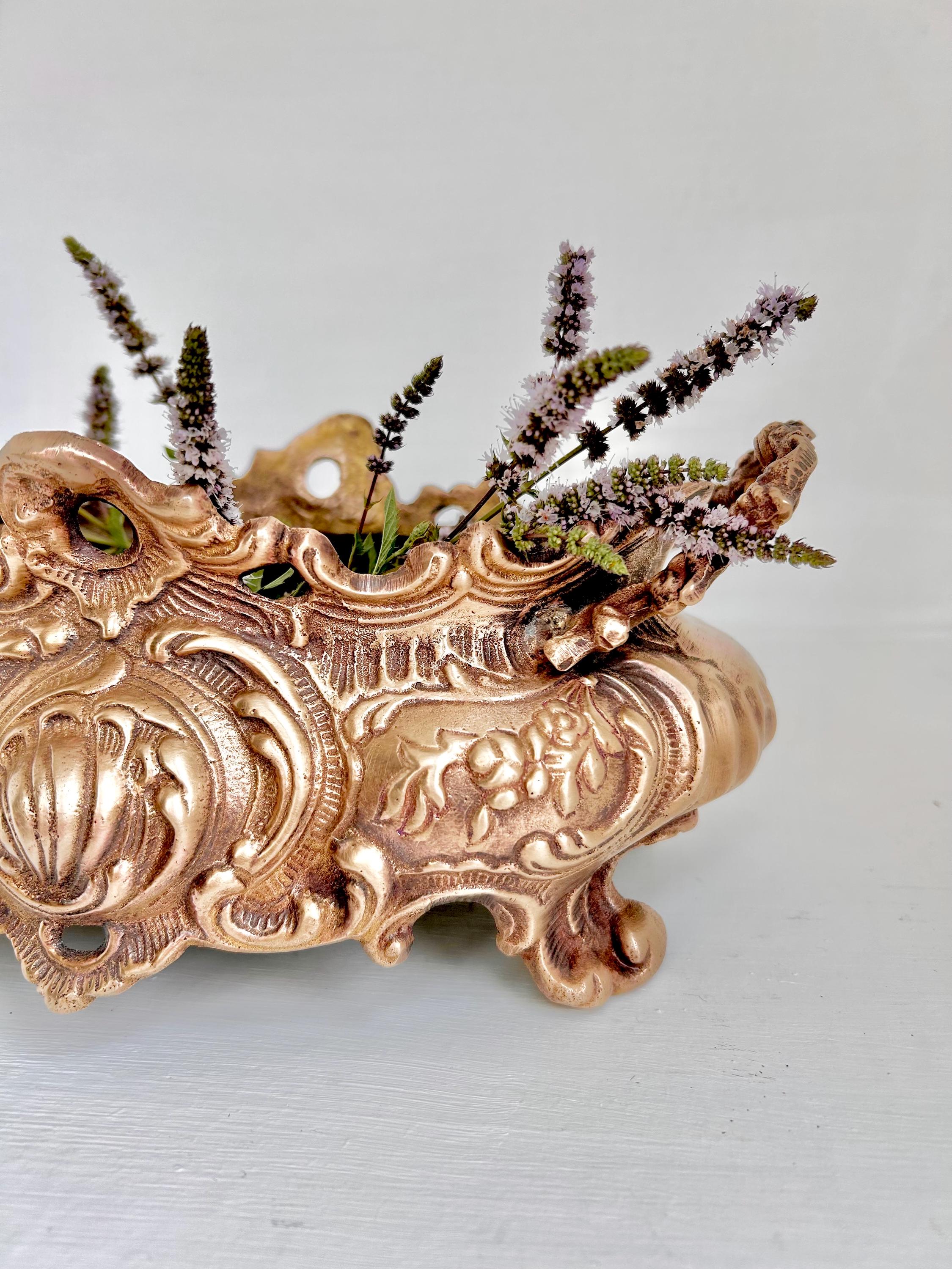Vintage Solid Brass Jardinier: Neoclassical Footed Planter with Floral Motifs