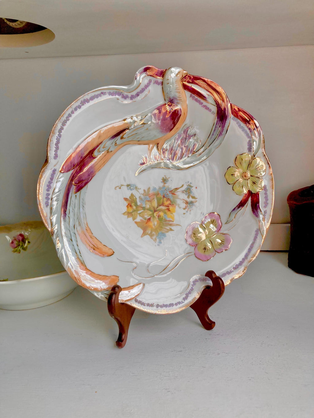 Vintage Bavarian Porcelain Bowl: Hand-Painted Bird & Floral Luster Dish