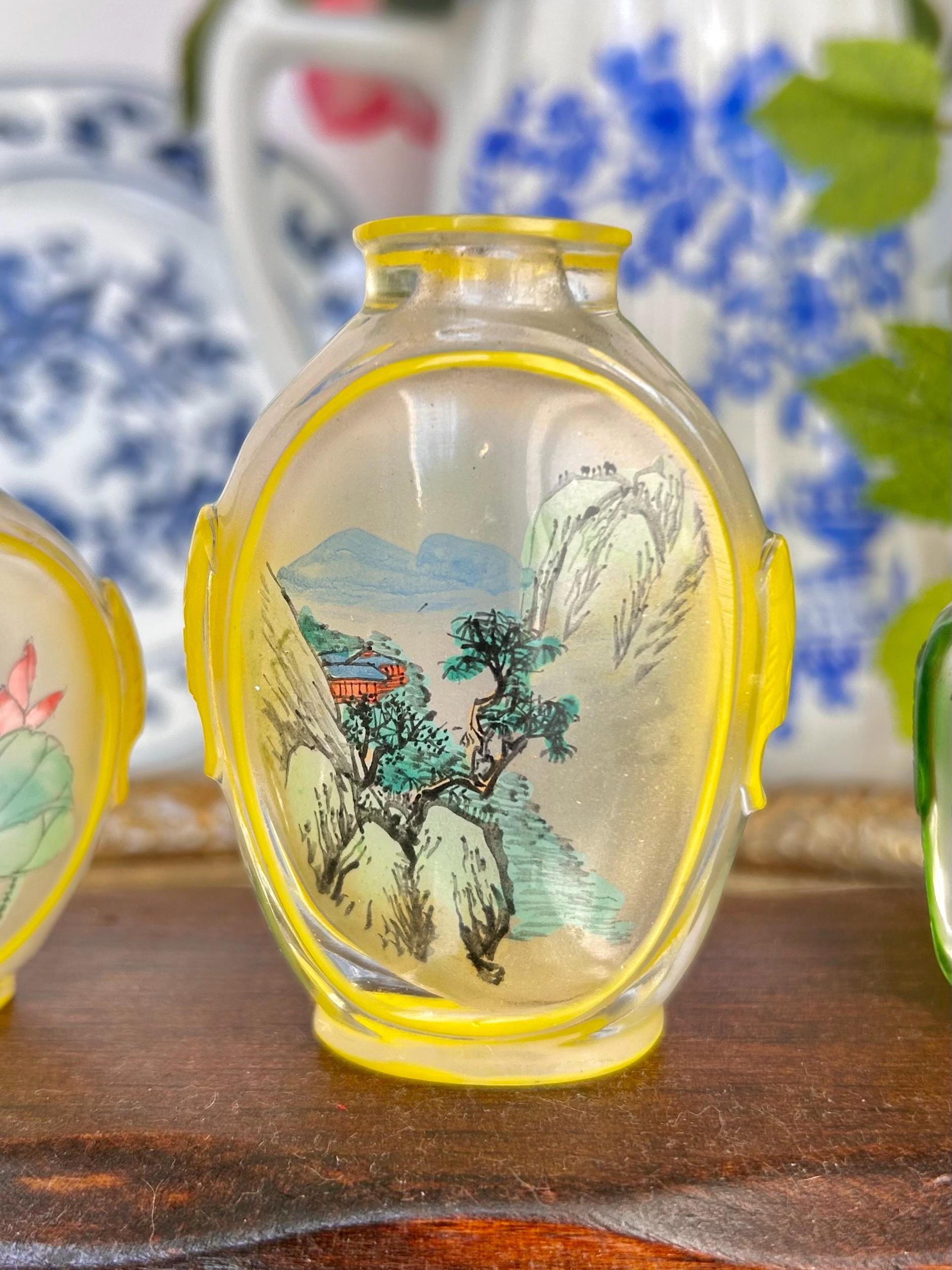 Vintage Chinese reverse Painted Carved Glass Snuff Bottles, 2-3 inch, Sold Individually