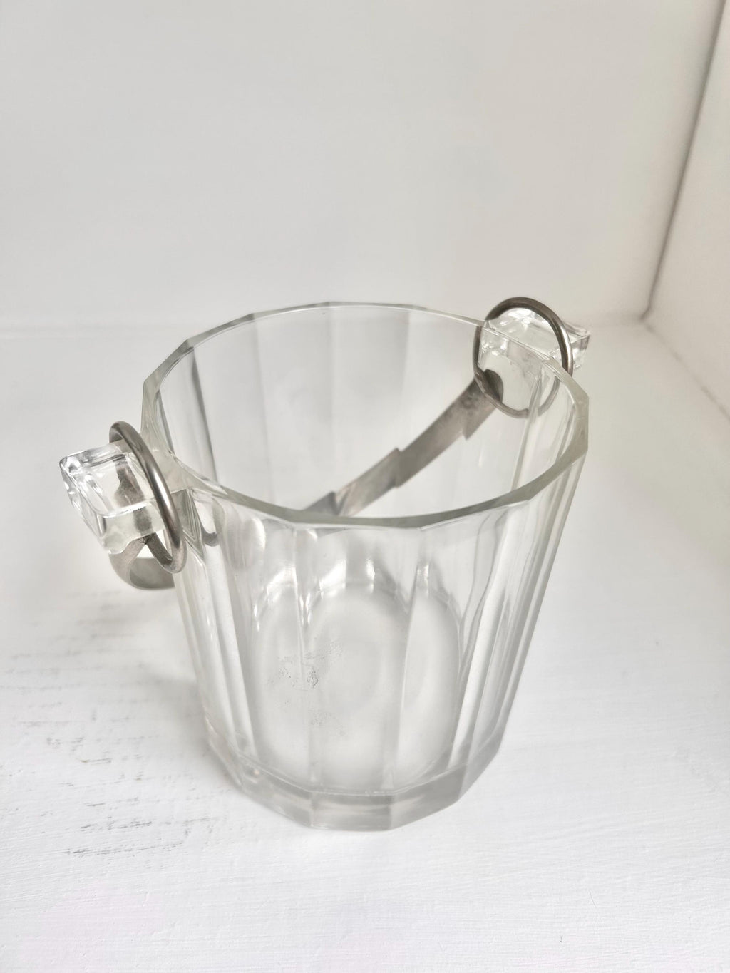 Vintage Paneled Glass Ice Bucket: Stainless Steel Handle Cocktail Serving Pail