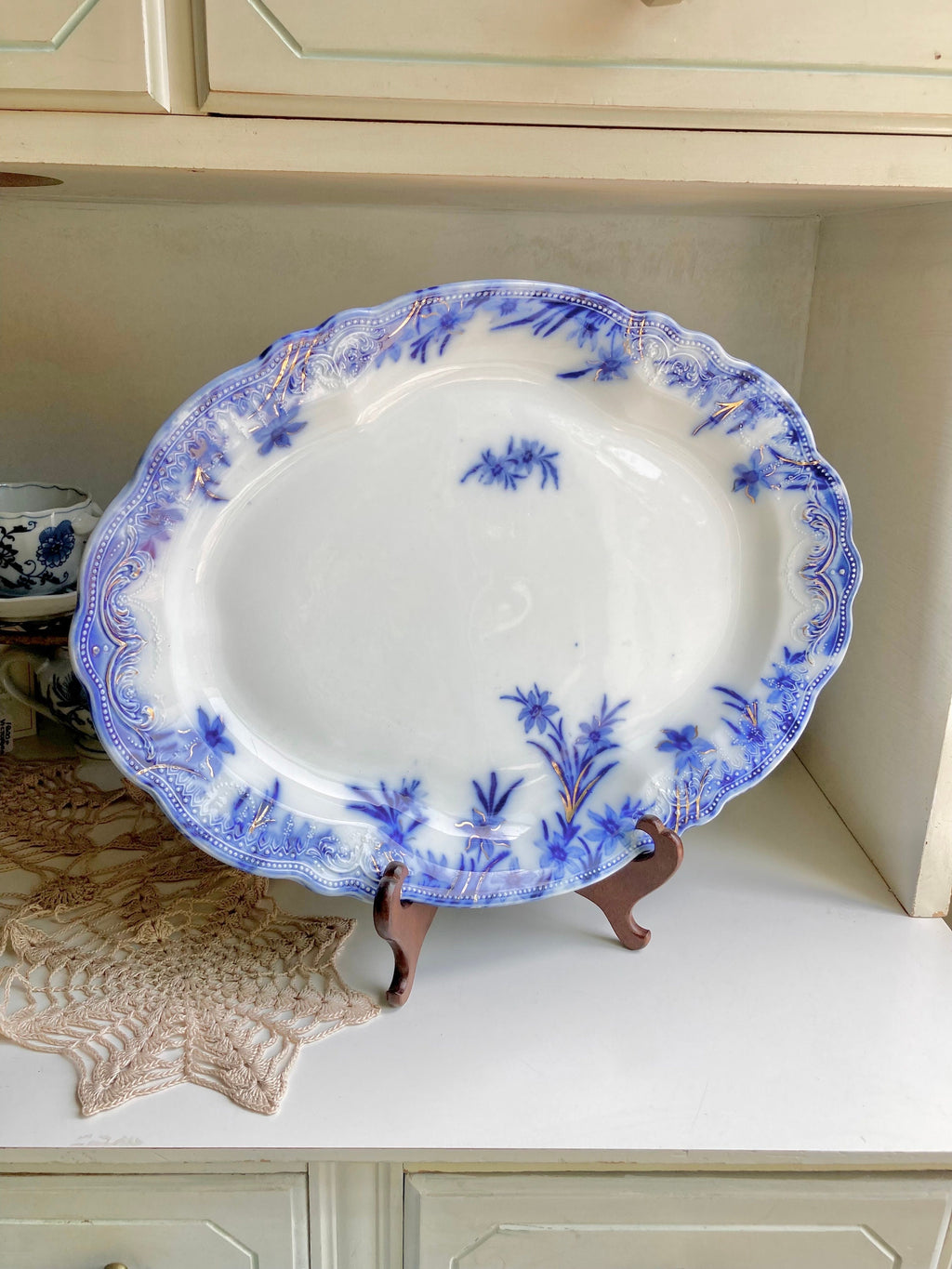 Antique Grindley Flow Blue Platter: 16" Dover Daffodil Floral