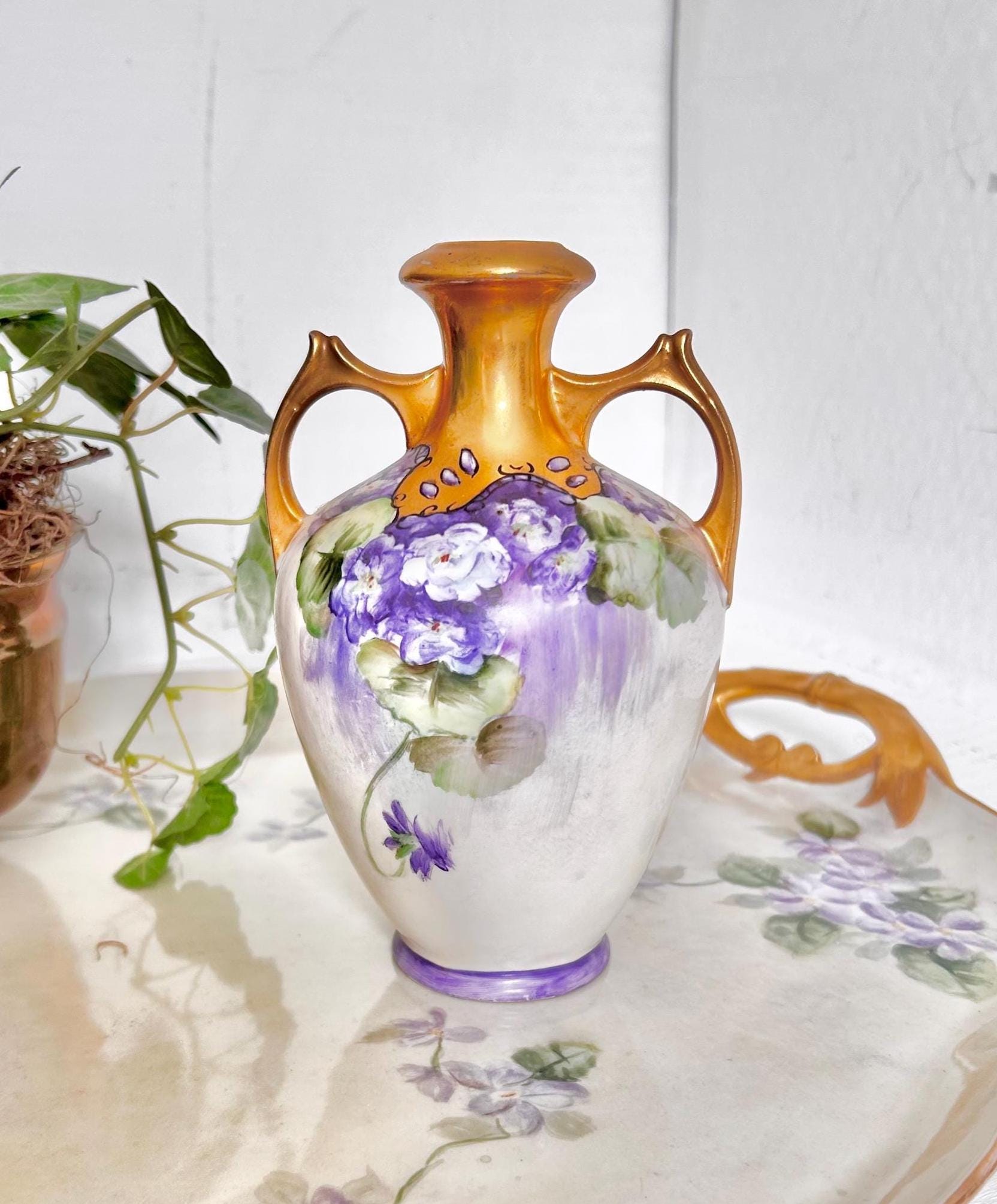 Antique Austrian Porcelain Vase with Handpainted Gold and Violets