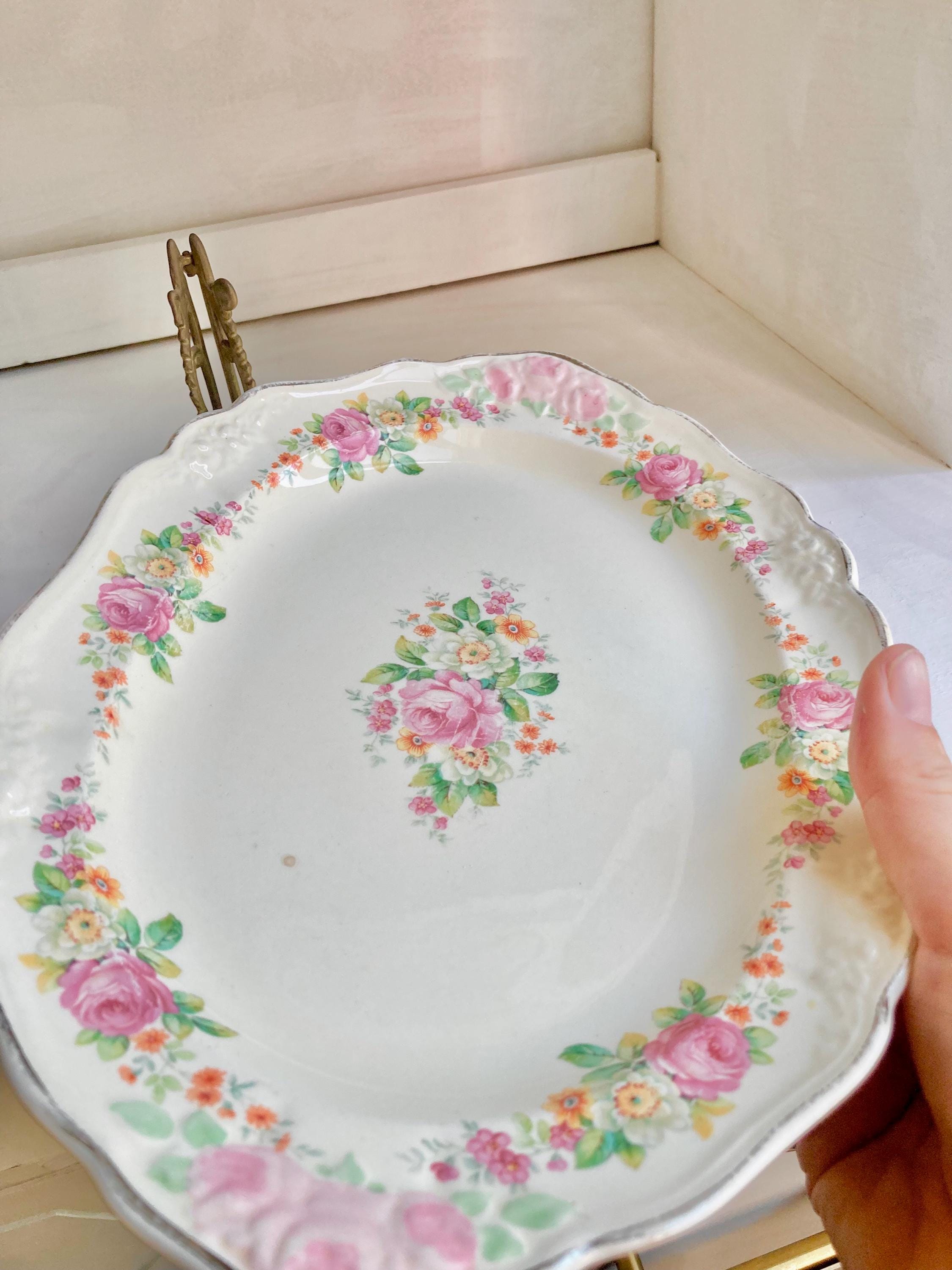 Vintage Taylor Smith & Taylor Floral Platter: Embossed Rose Bouquet, Silver Trim (11.5")
