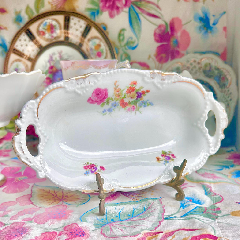 Vintage Floral Porcelain Dish: Germany Gold Trim Small Bowl