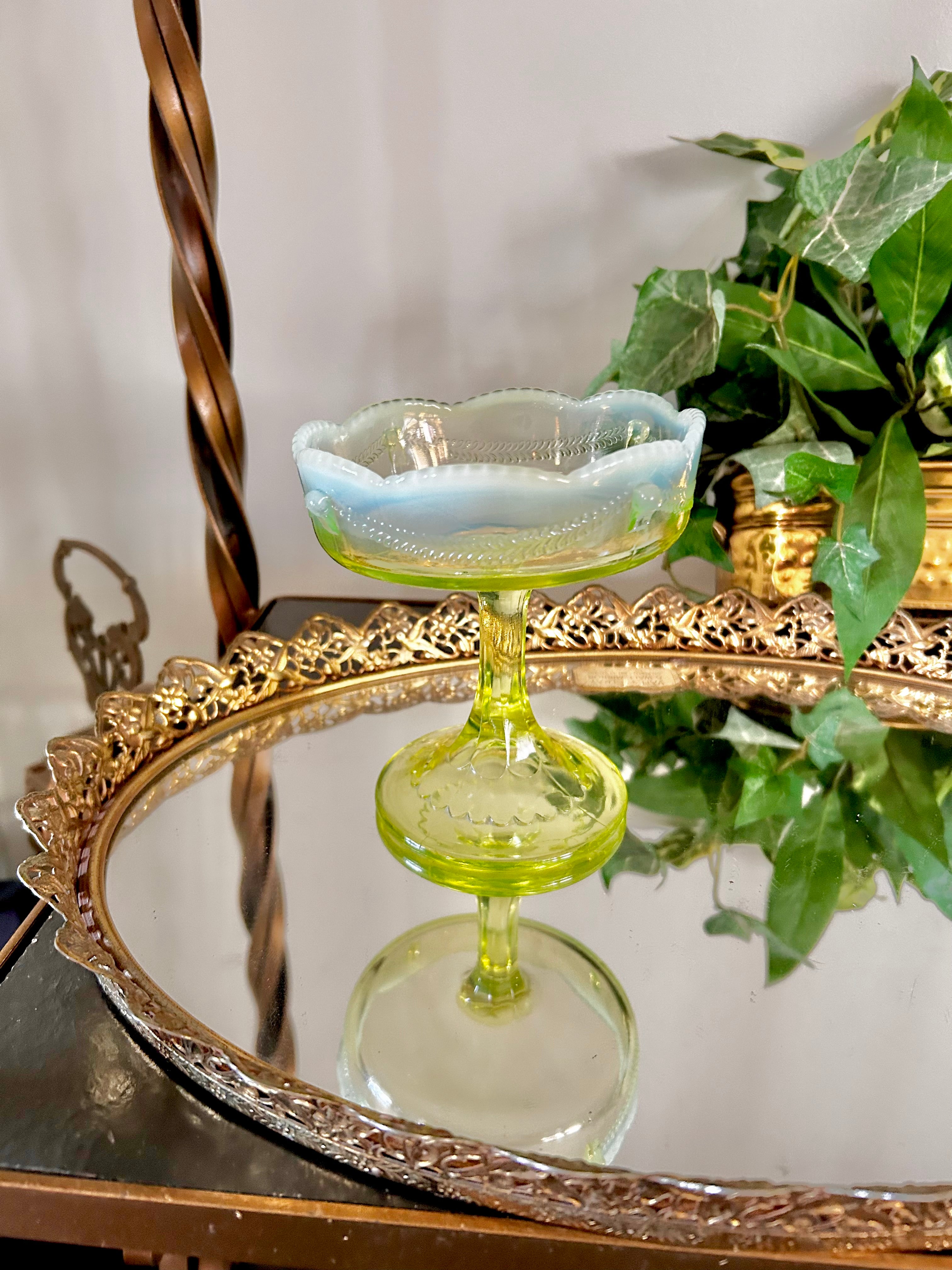Antique Jefferson Glass Vaseline Opalescent Compote