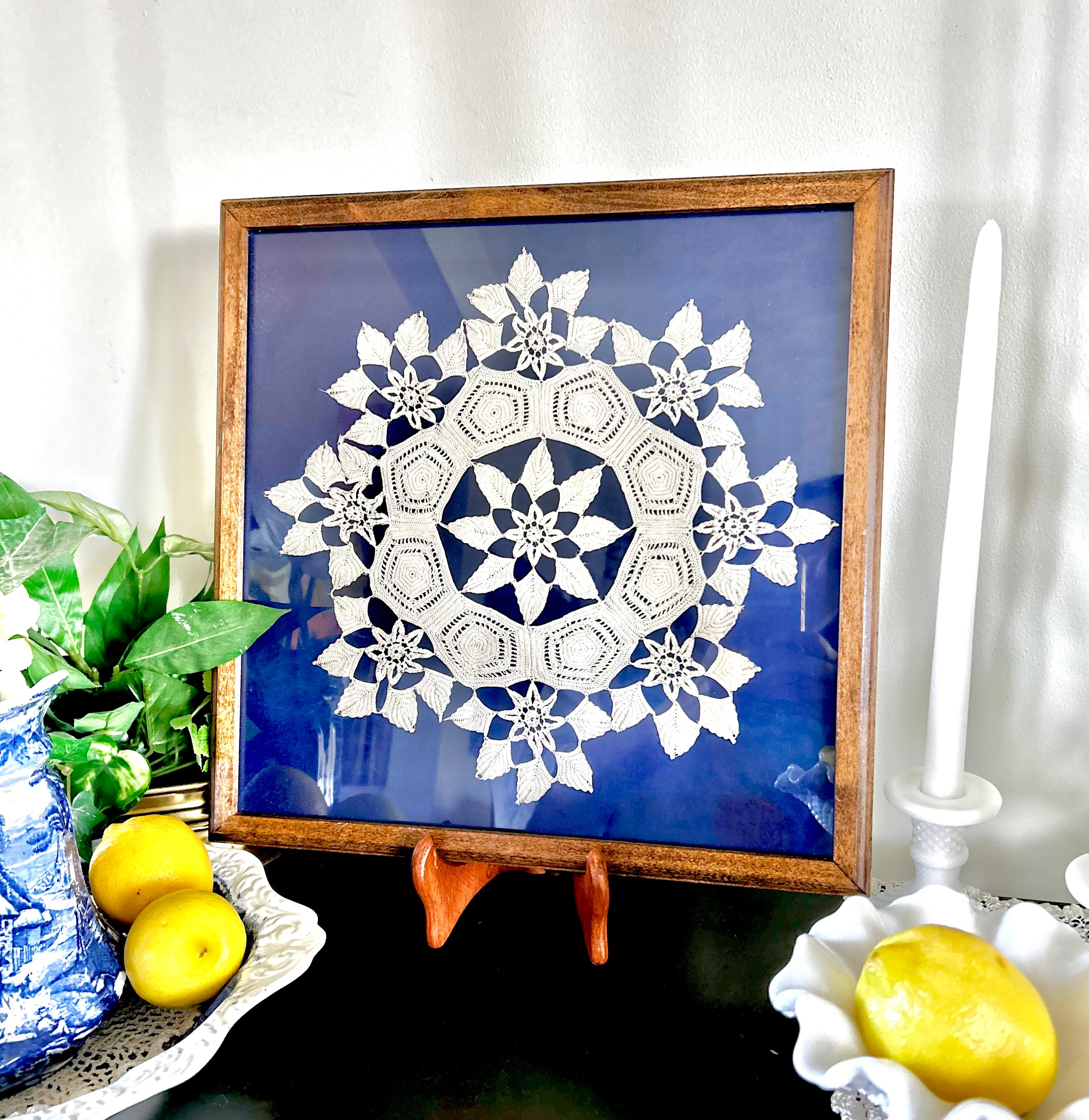 Vintage Framed Crochet and Blue Velvet Wall Decor