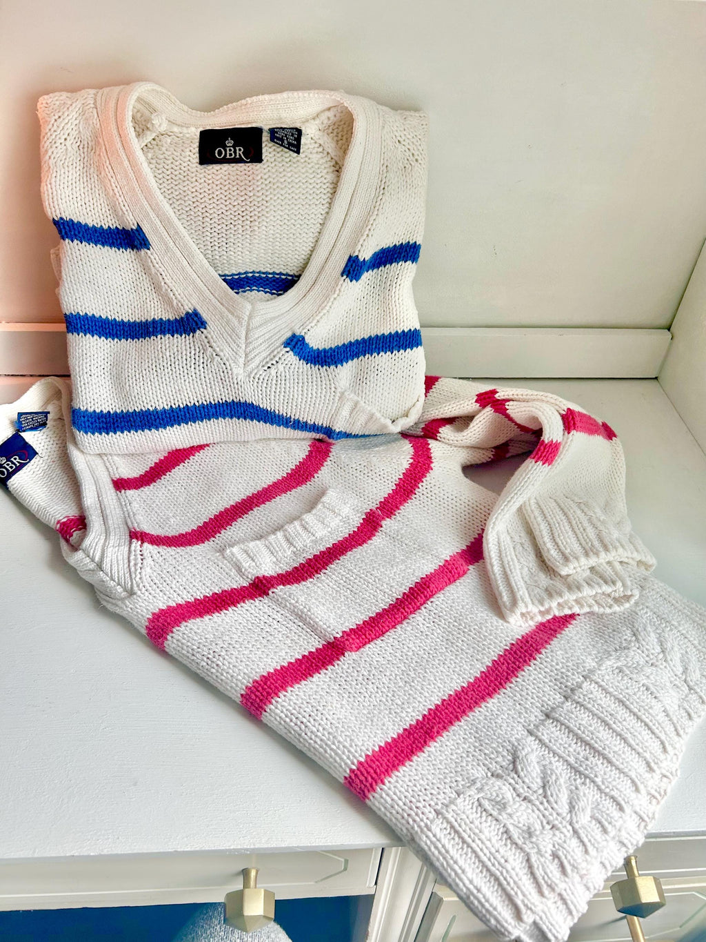 Vintage 80s Striped Cableknit Cropped Sweater - OBR Knits Small