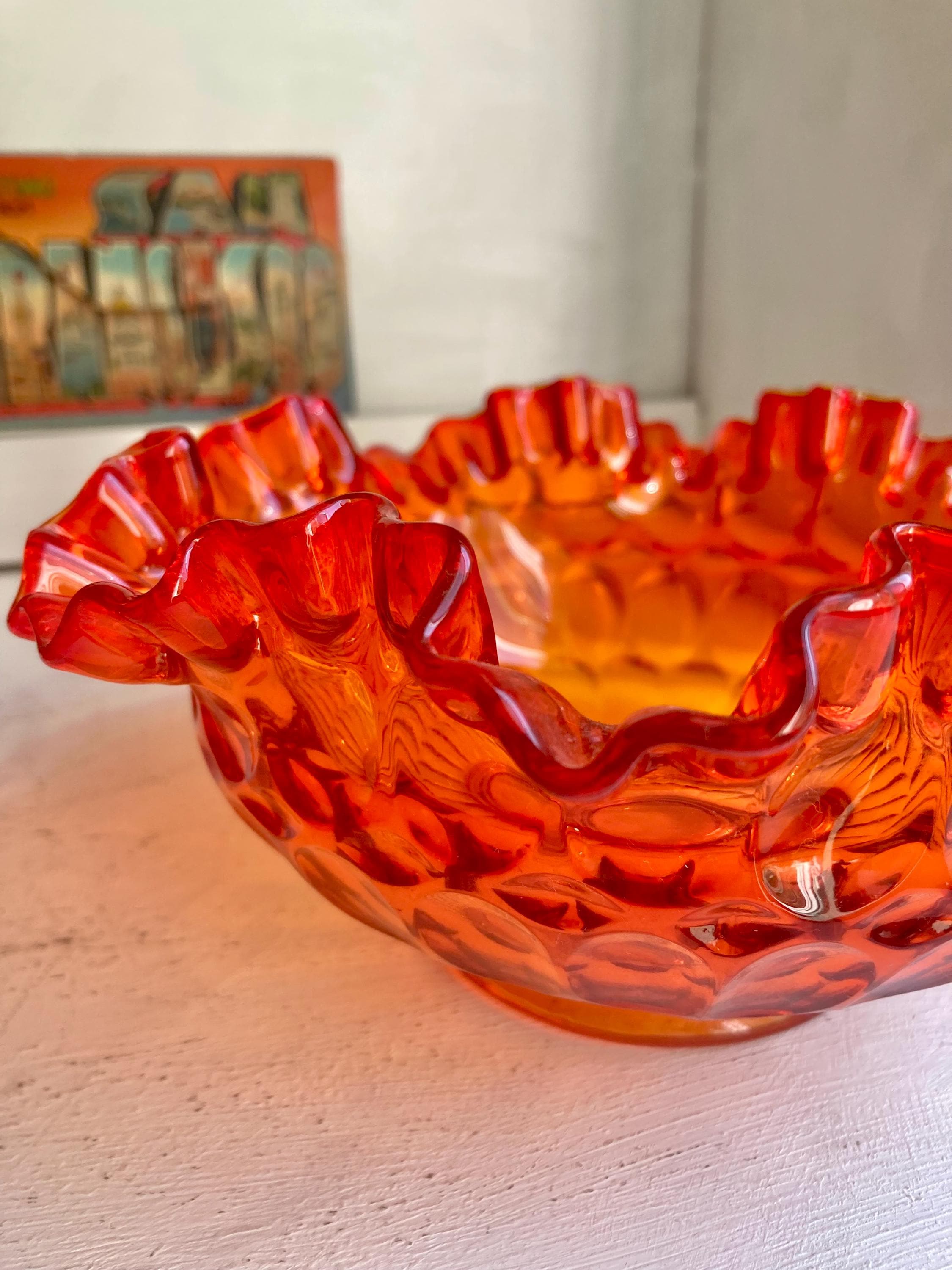 Vintage Fenton Amberina Glass Bowl: Red-Orange Ruffled Rim, UV Reactive