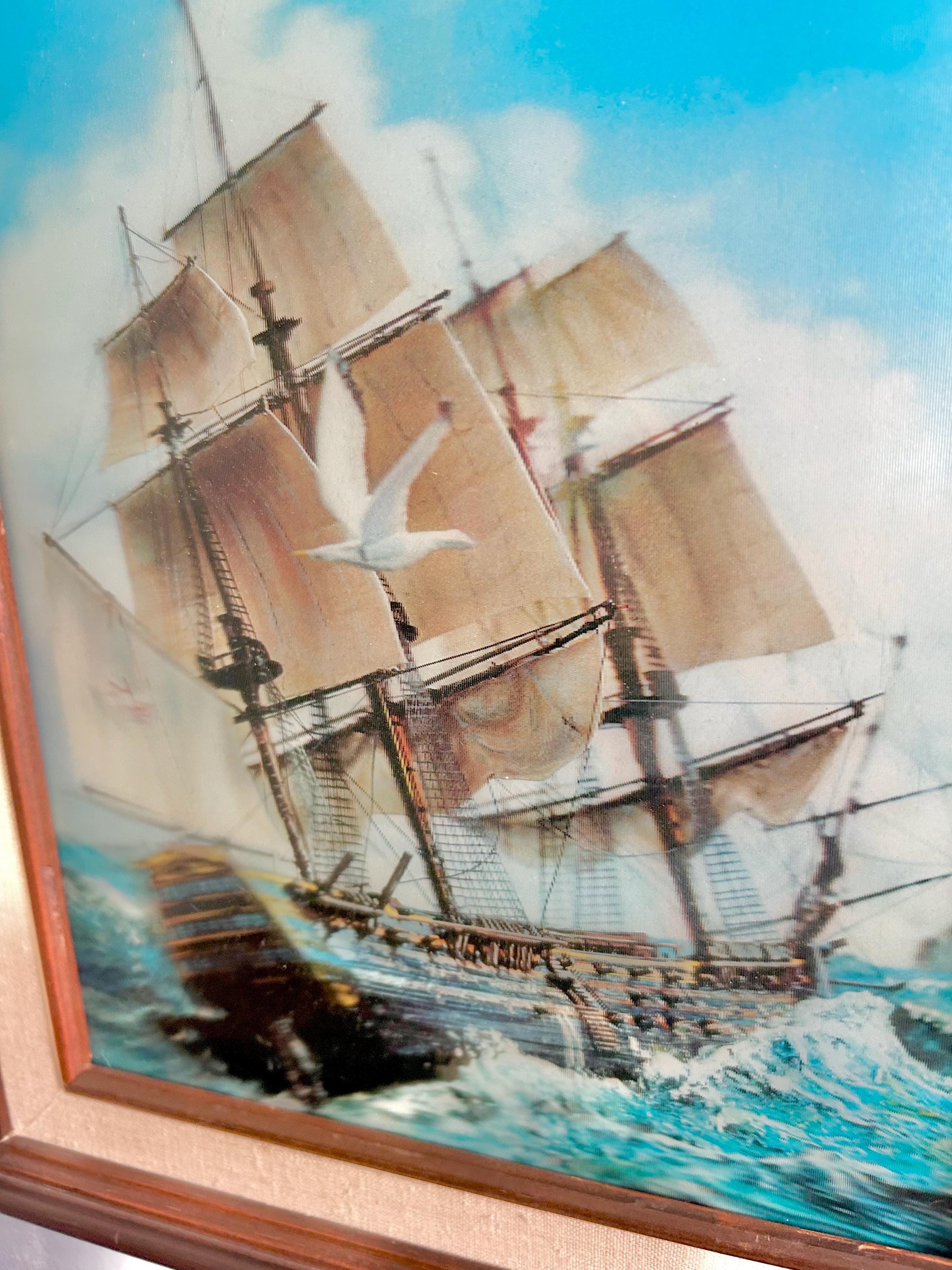 Vintage Lenticular Sailboat Art: 3D Hologram, Wood & Linen Frame