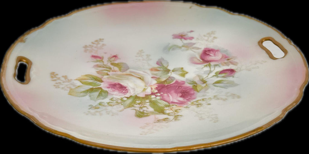 Vintage Round Porcelain Transferware Platter with Open Handles, Roses, Gold Trim