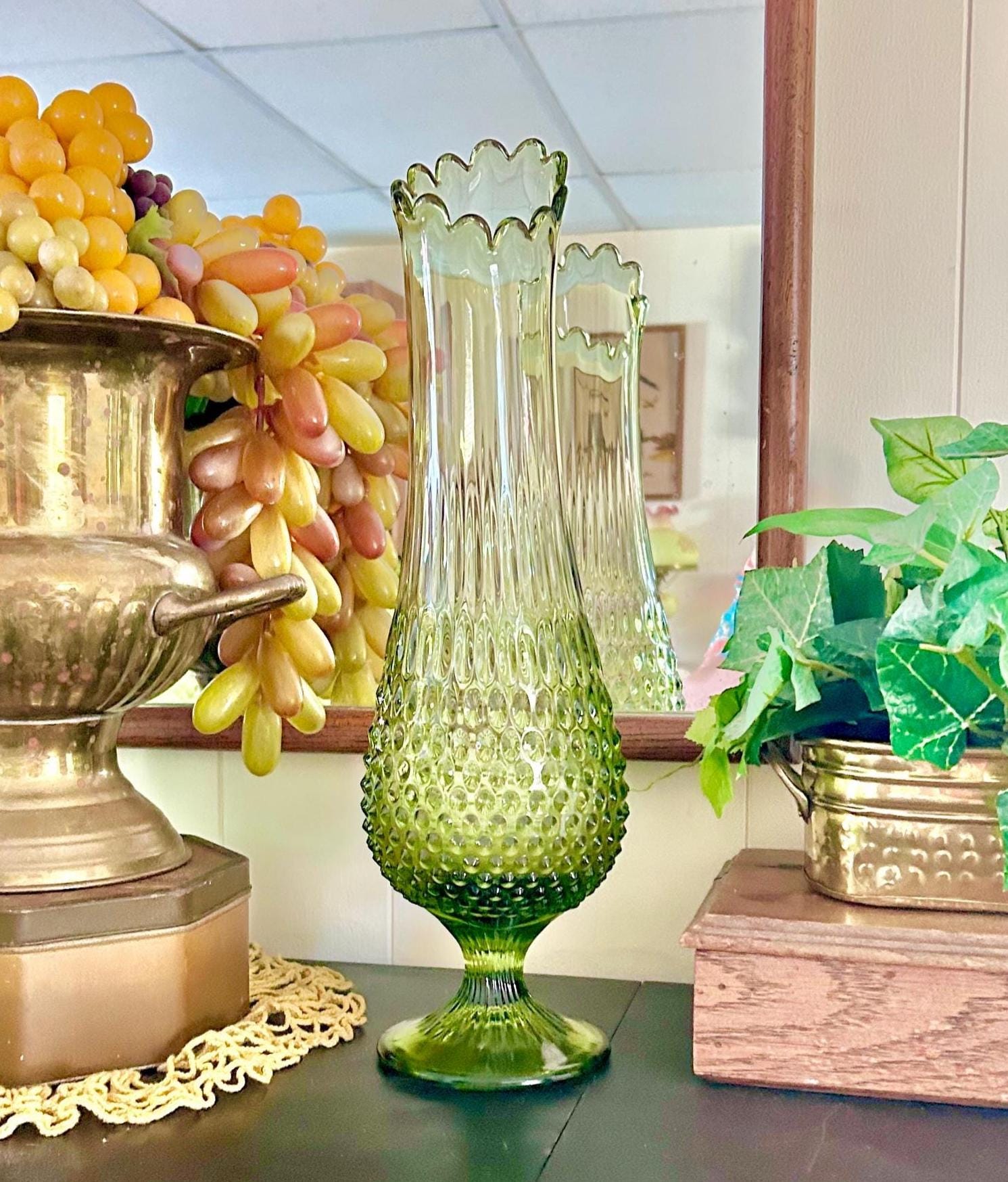 Mid-Century Fenton 17 inch Glass Swung Vase: Avocado Green Hobnail, 1960s
