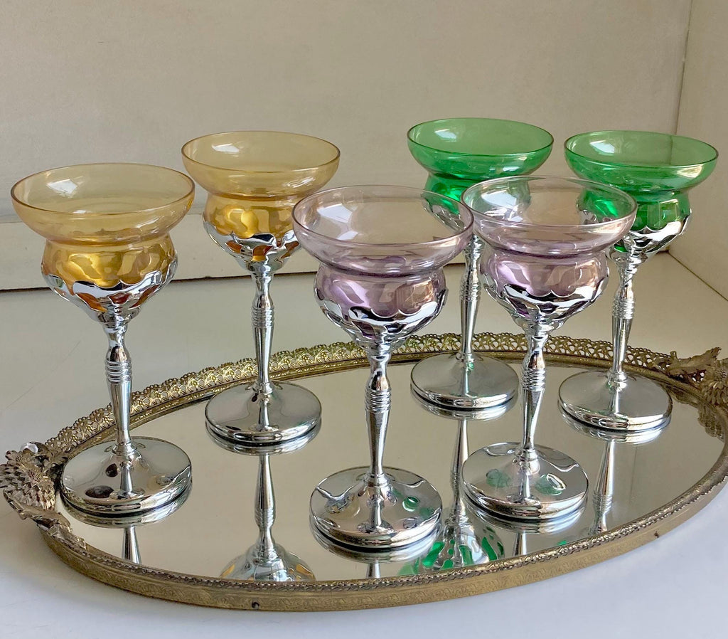 Midcentury Farber Bros Chrome Stem Glassware: Art Nouveau Cocktail Glasses