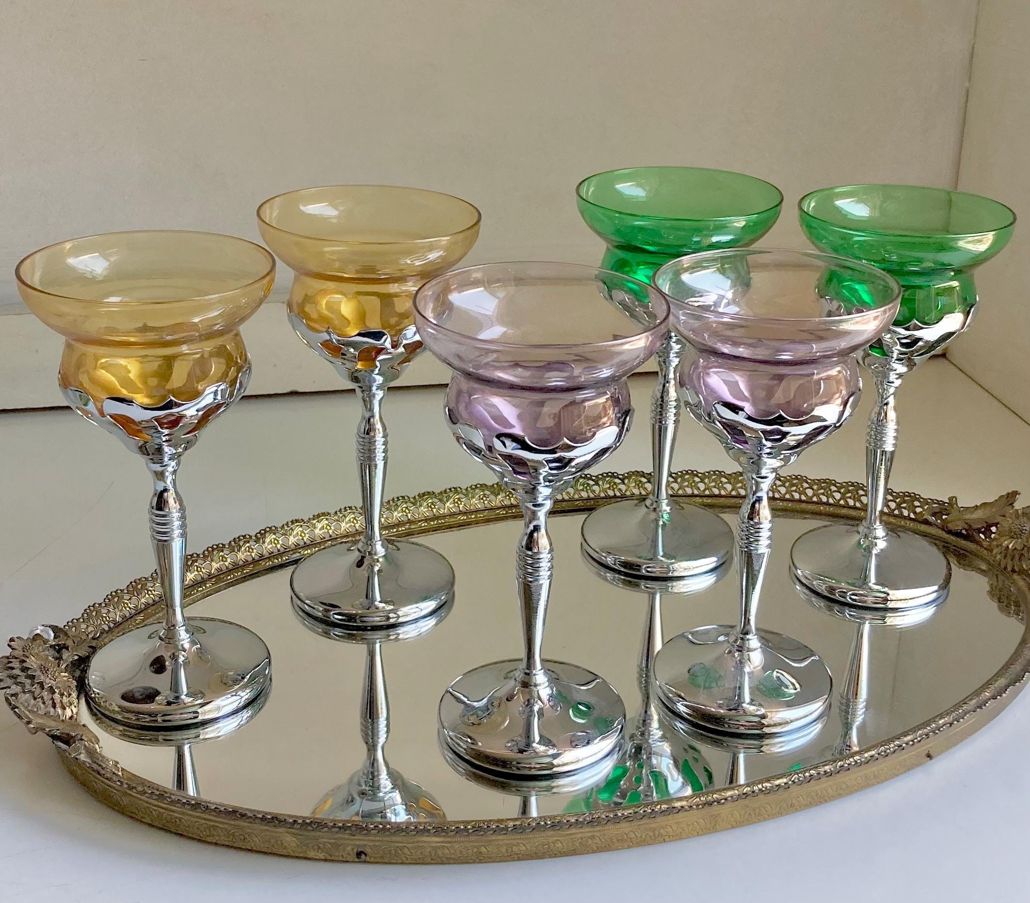 Midcentury Farber Bros Chrome Stem Glassware: Art Nouveau Cocktail Glasses