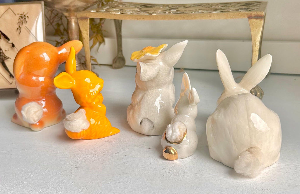 Vintage Ceramic Bunny Figurines: Cottontail Cotton Ball Dispenser
