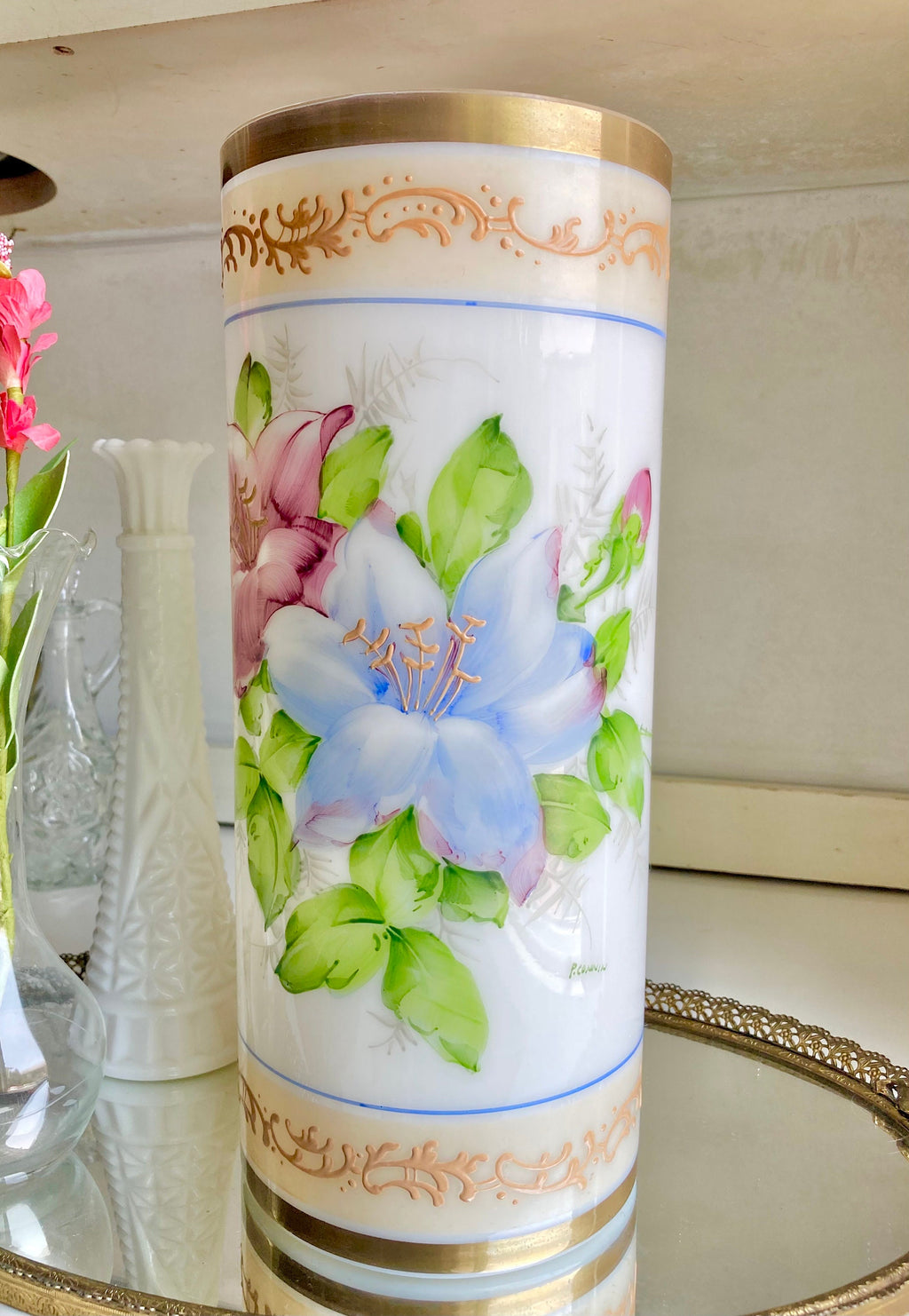 Vintage 1930s Milk Glass Vase – Deluxe Inc Floral Cylinder with Gilt