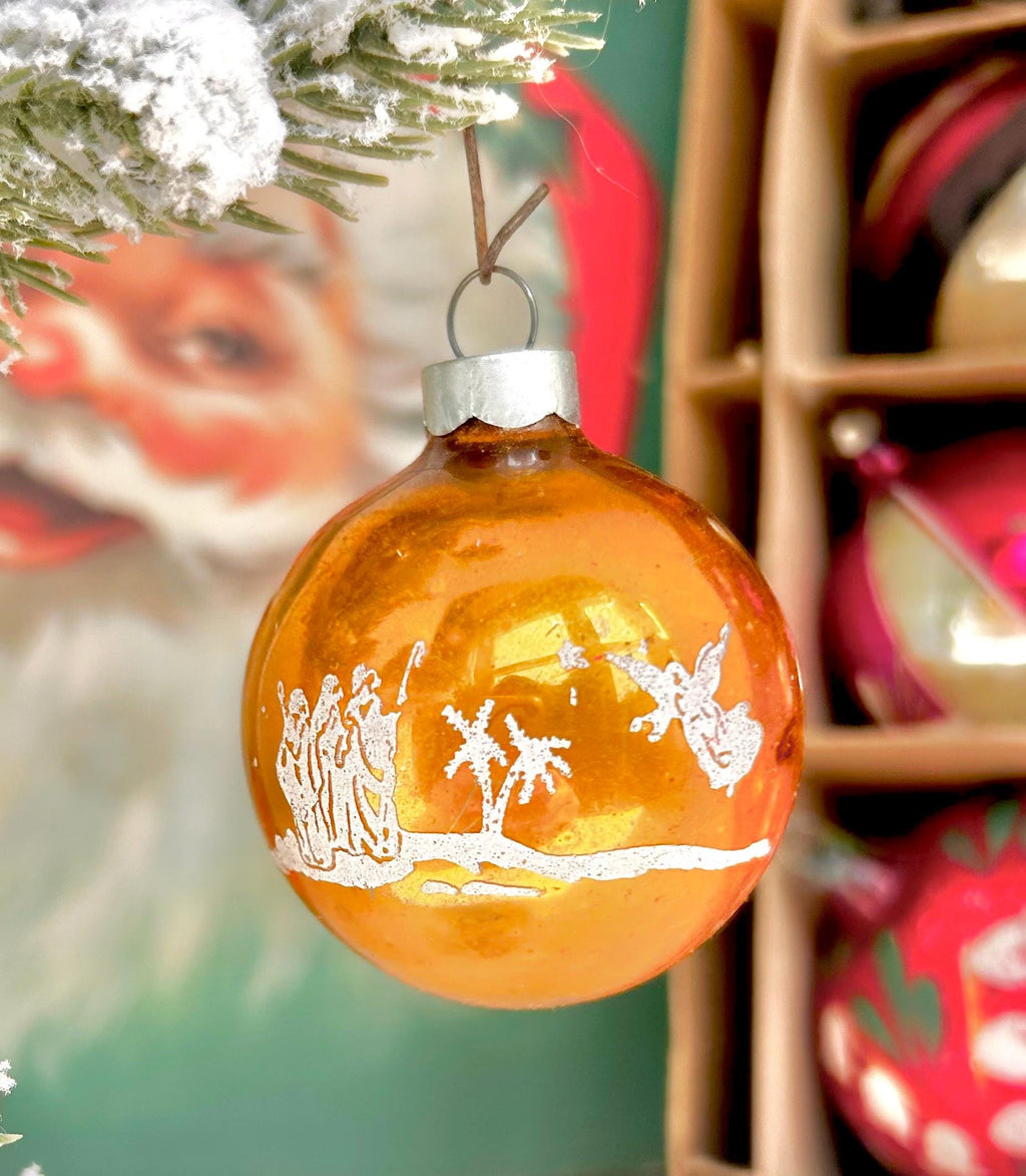 Vintage Stenciled Glass Christmas Ornament: Flocked Holiday Bulbs, USA Made
