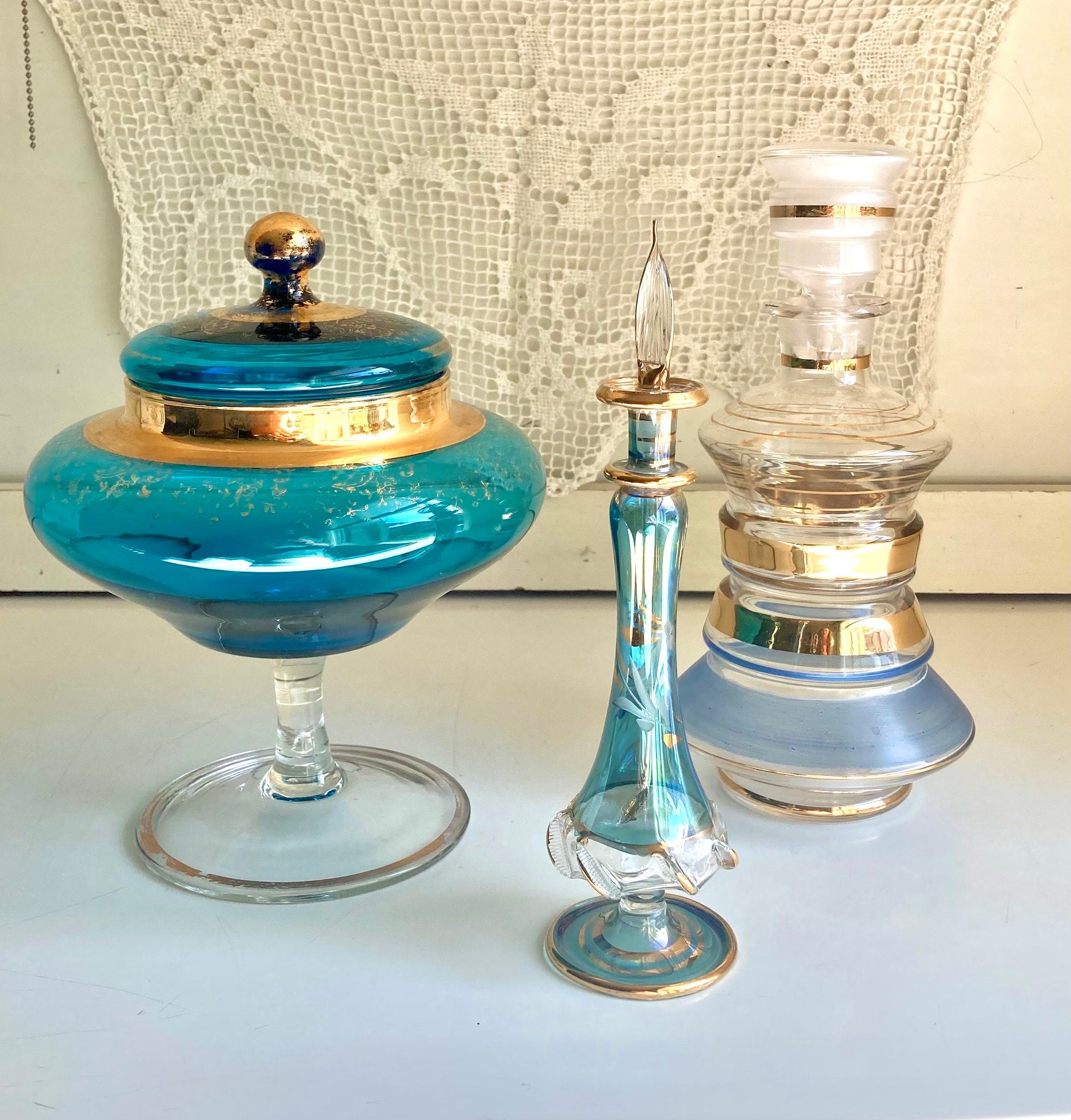 Vintage Blown Glass Vessels – Blue Hues, Gold Trim Decor