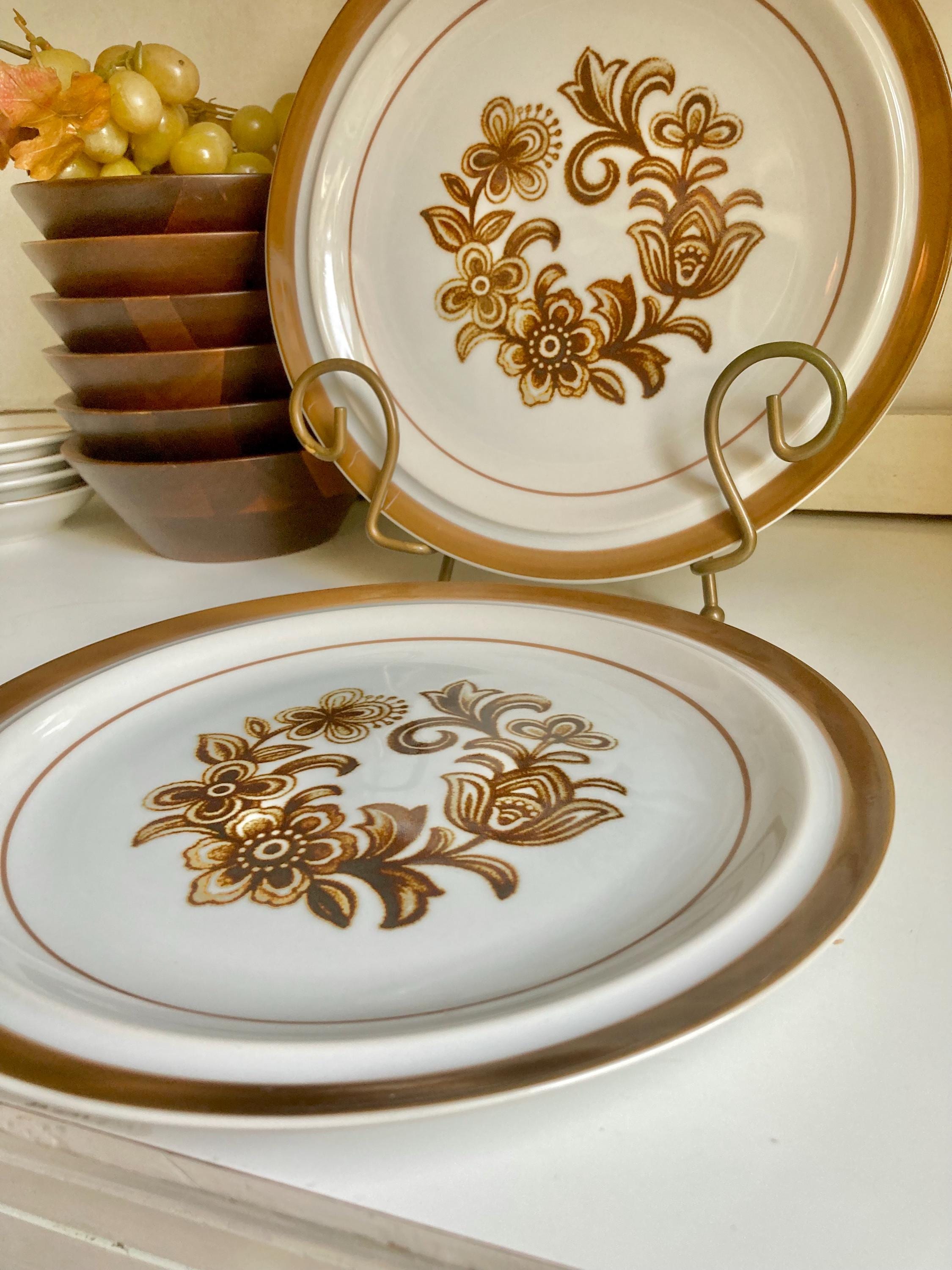 Vintage Monterrey Stoneware Dinner Plates - Brown Floral Set of 2
