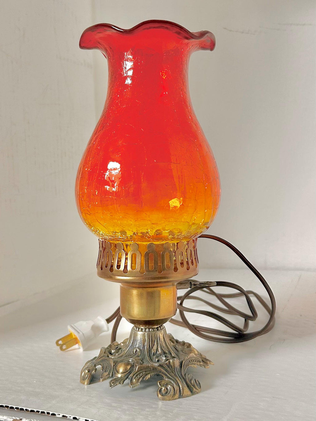 Vintage Amberina Crackle Glass Hurricane Lamp: Brass Base, Ruffled Shade