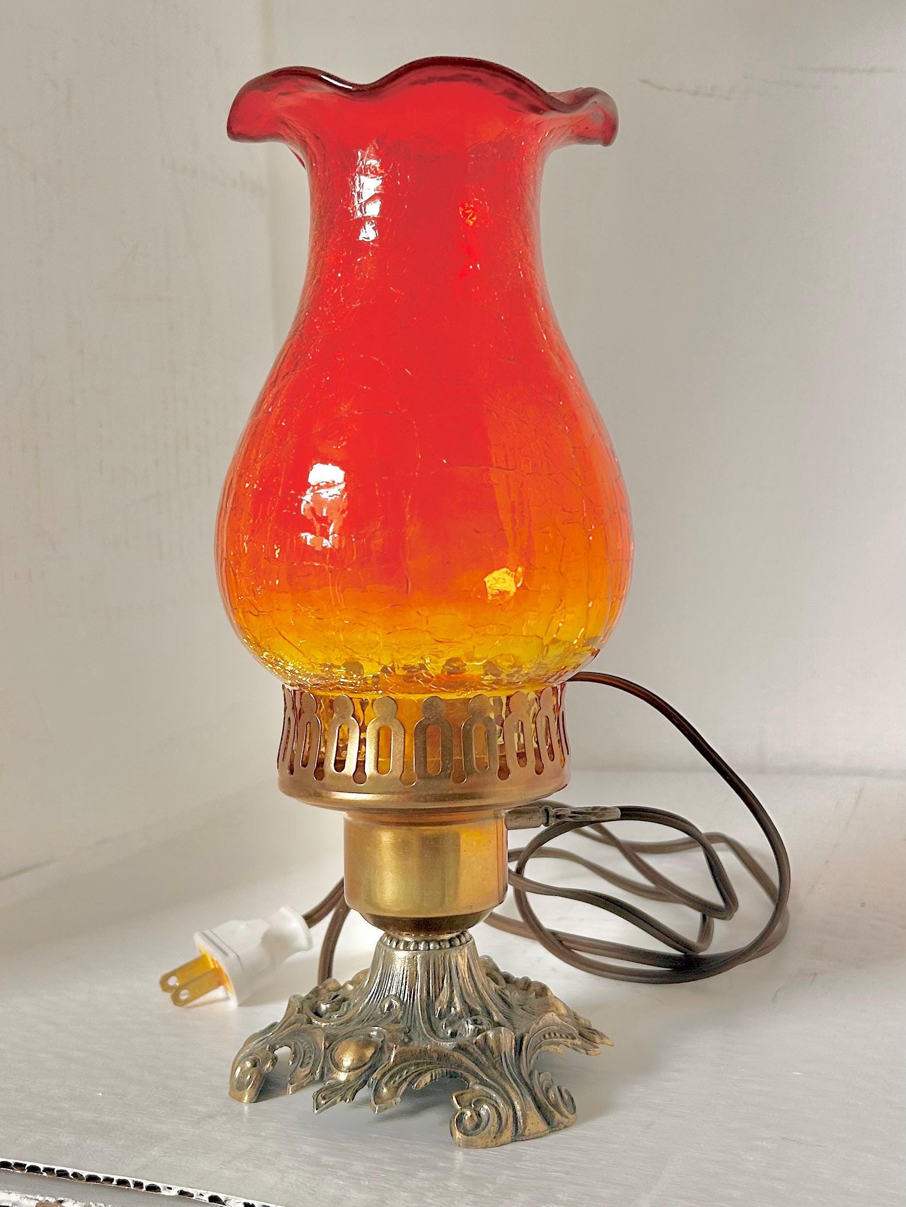 Vintage Amberina Crackle Glass Hurricane Lamp: Brass Base, Ruffled Shade