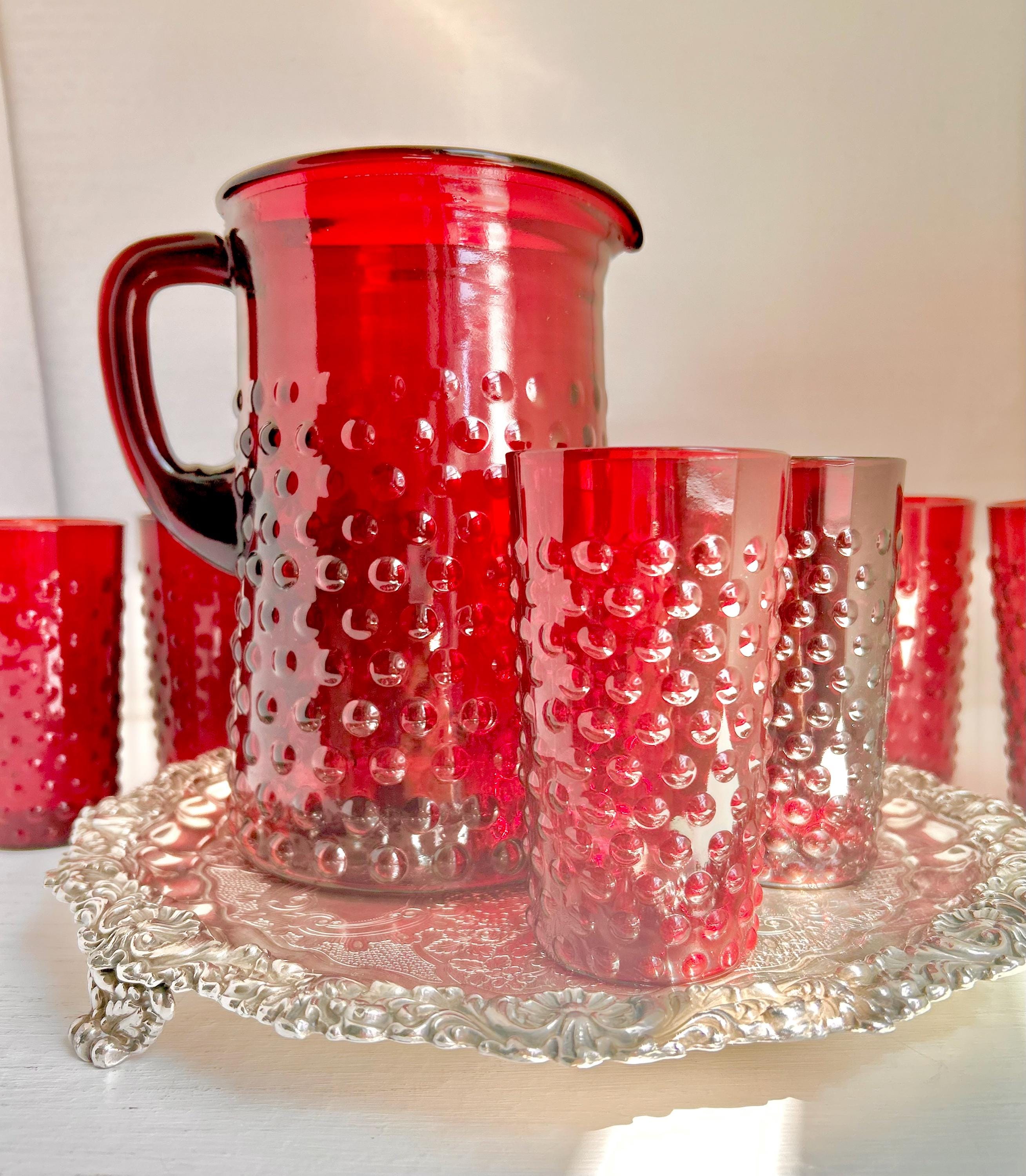 Vintage Anchor Hocking Royal Ruby Red Hobnail Glass Set: Pitcher & 8 Juice Glasses
