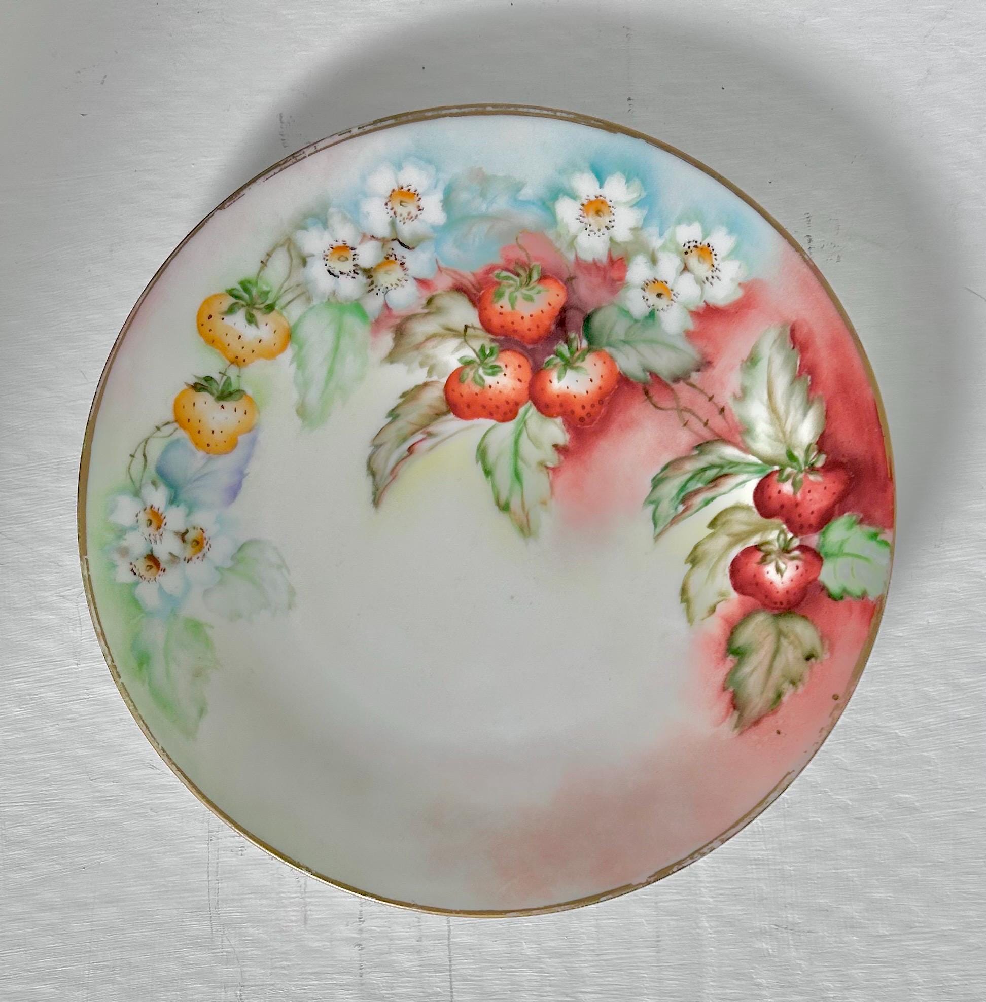 William Guerin & Co Limoges Porcelain Plate with Handpainted Strawberries
