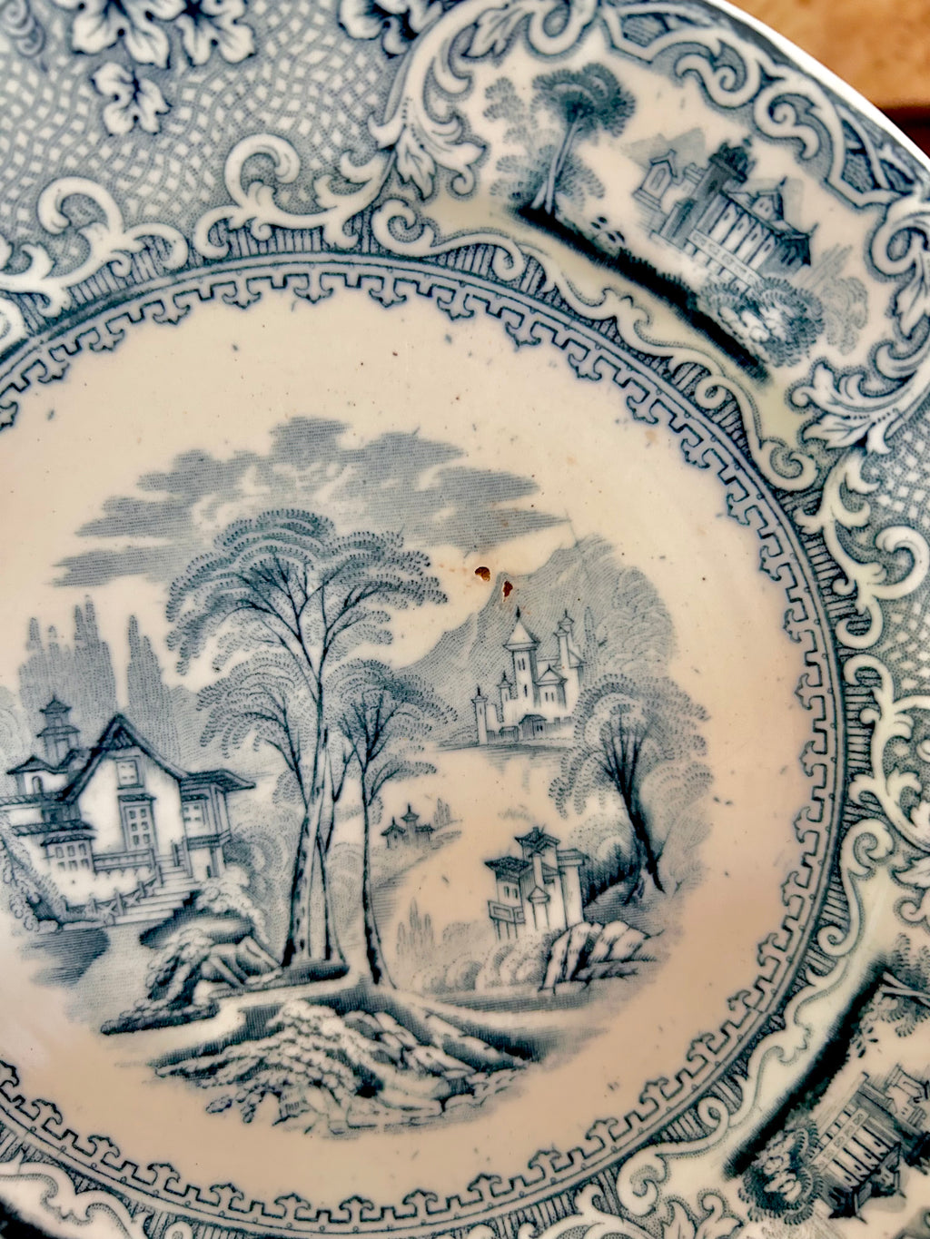Antique Stained Worn Ironstone Transferware Dishes