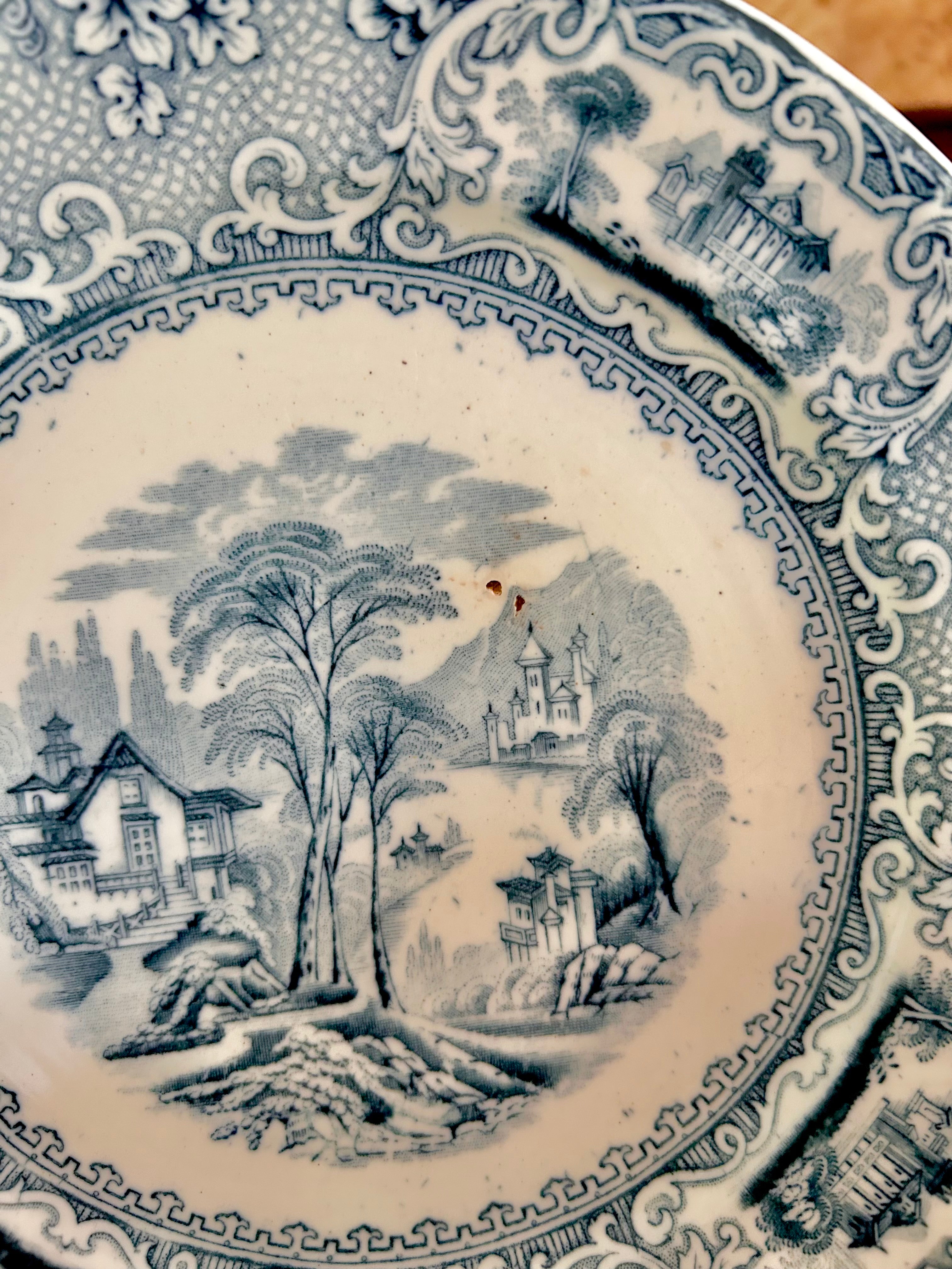 Antique Stained Worn Ironstone Transferware Dishes