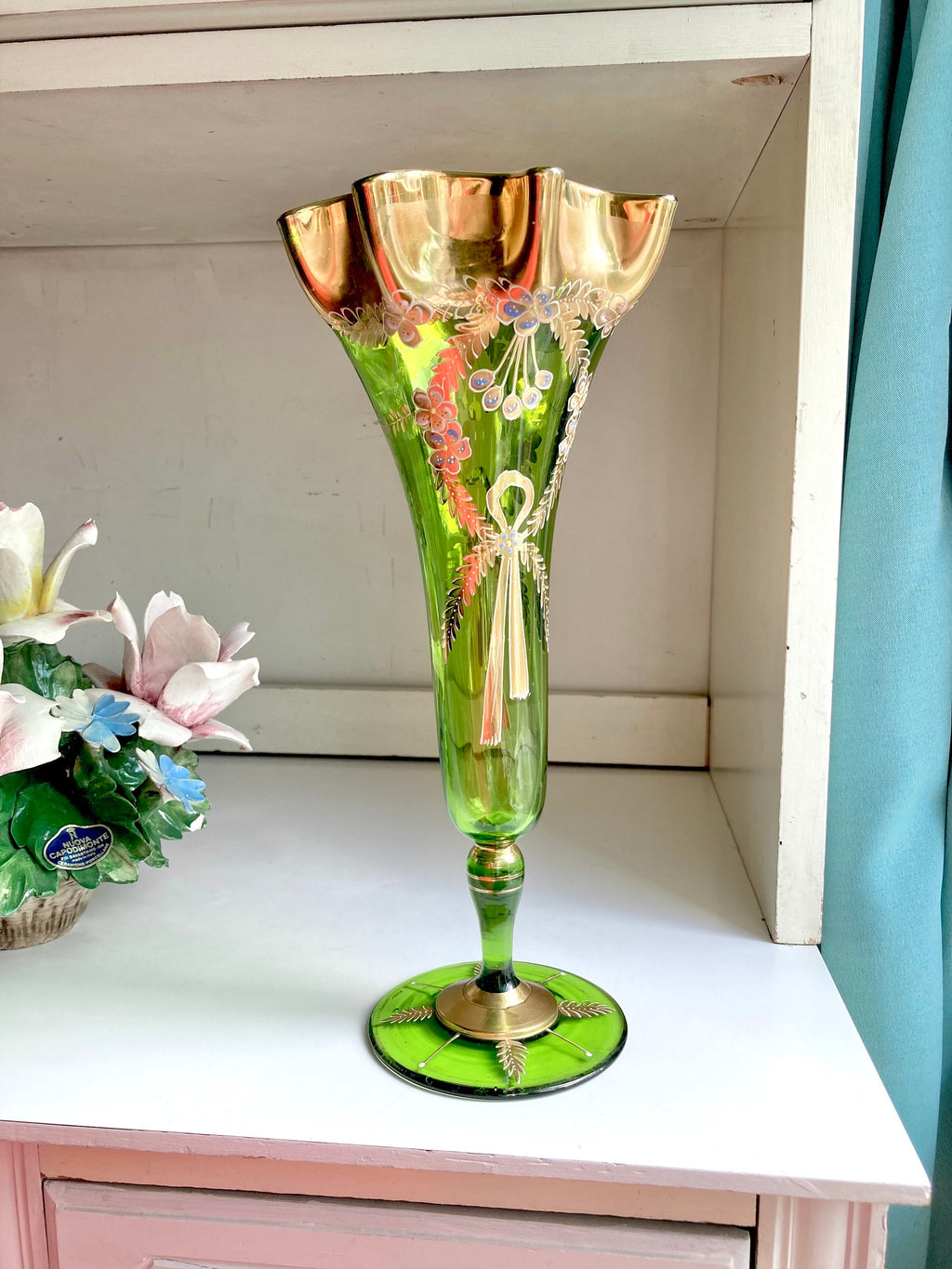 Bohemian Green Glass Ruffled Vase: Gilt Floral Hand-Painted Decor
