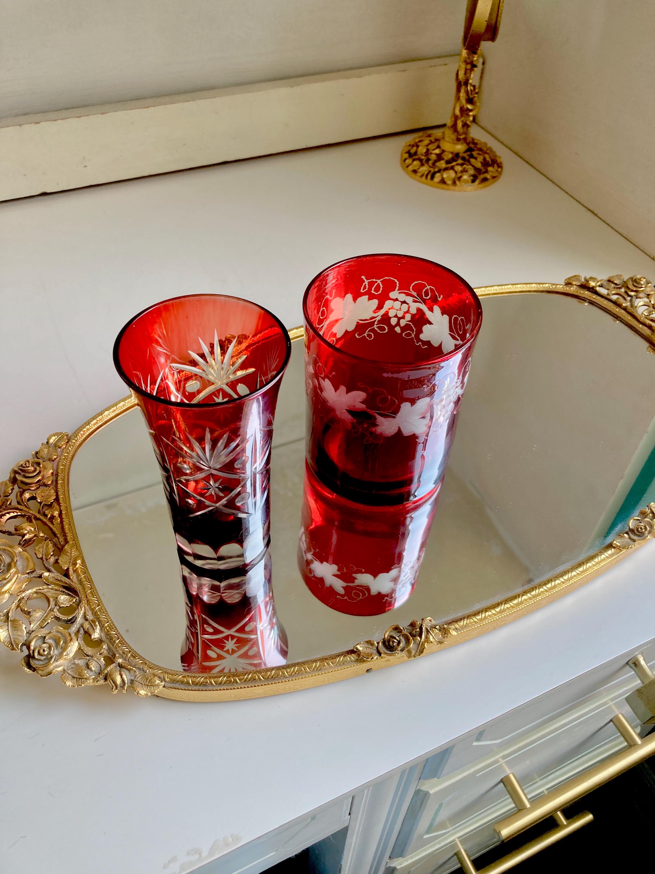 Vintage Ruby Red Flashed Etched/Cut-to-Clear Bohemian Glasses-choose from 2