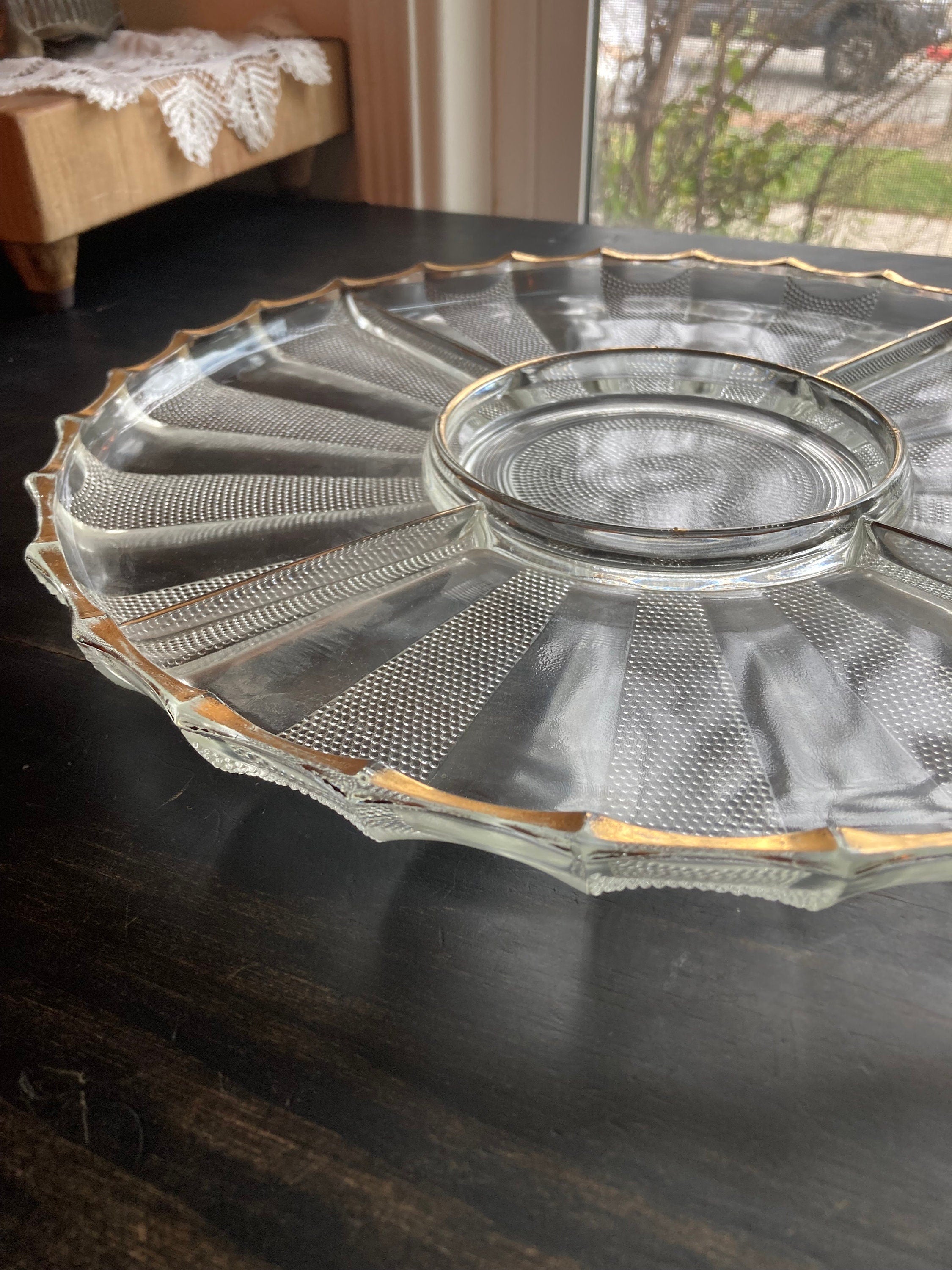 Vintage Jeanette Dewdrop Glass Serving Platter: Gold Wavy Edge, 5-Part Dish