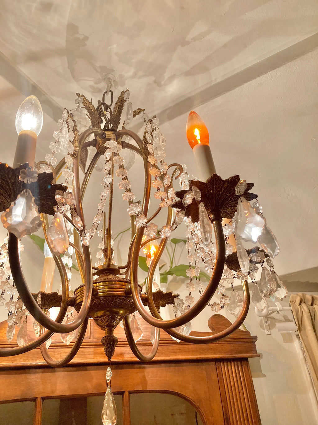 Vintage 1970s Brass and Cut Glass 6-Lamp Opulent Chandelier - Made in Spain