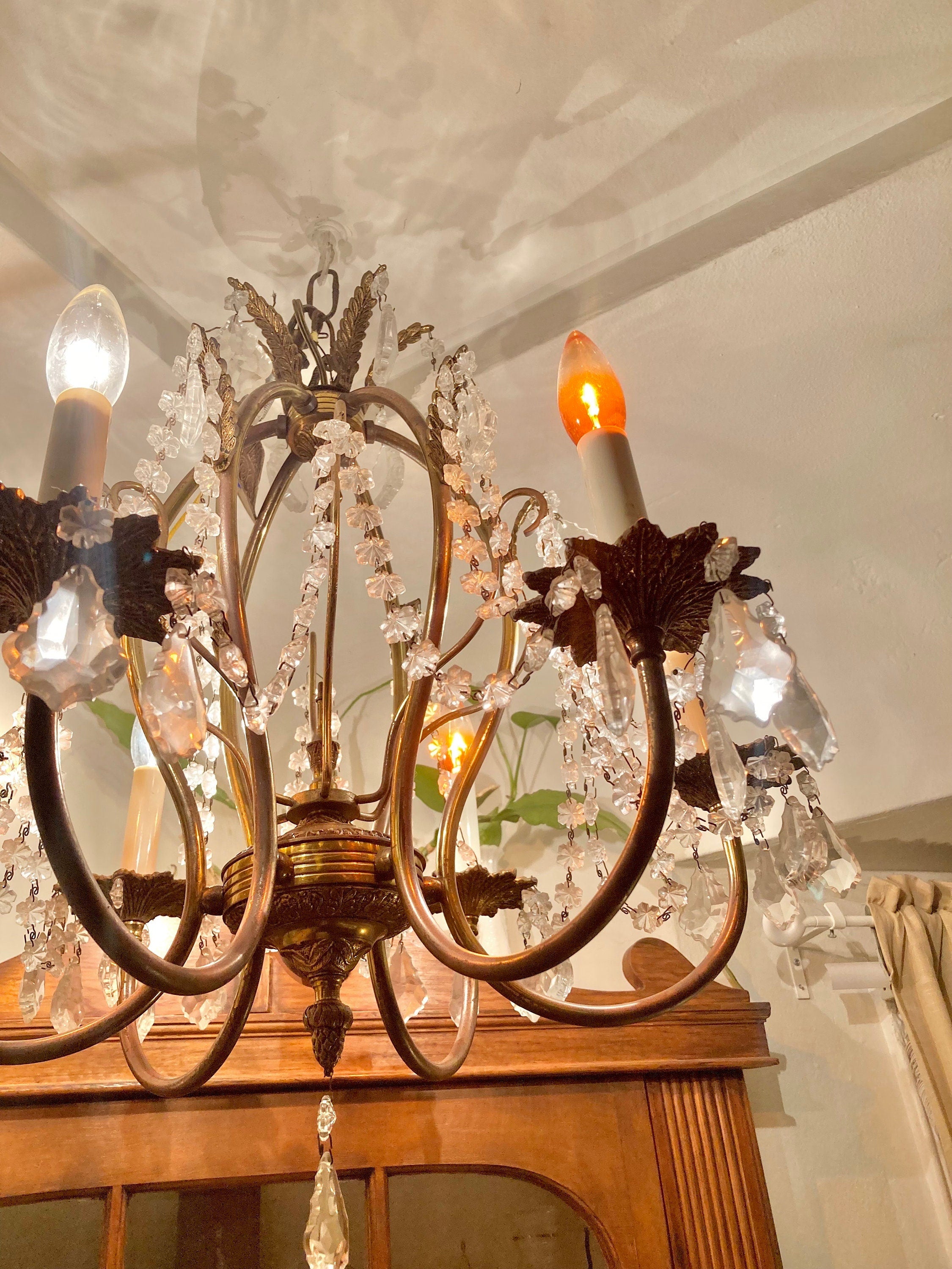 Vintage 1970s Brass and Cut Glass 6-Lamp Opulent Chandelier - Made in Spain
