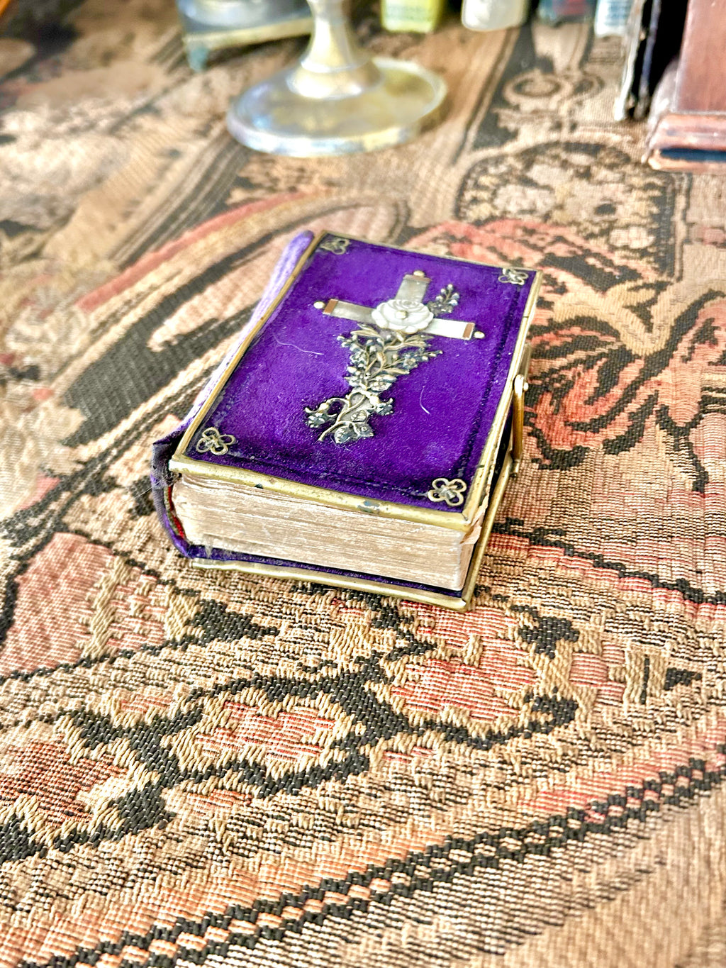 Antique 1880s Velvet Brass Pocket Prayer Book