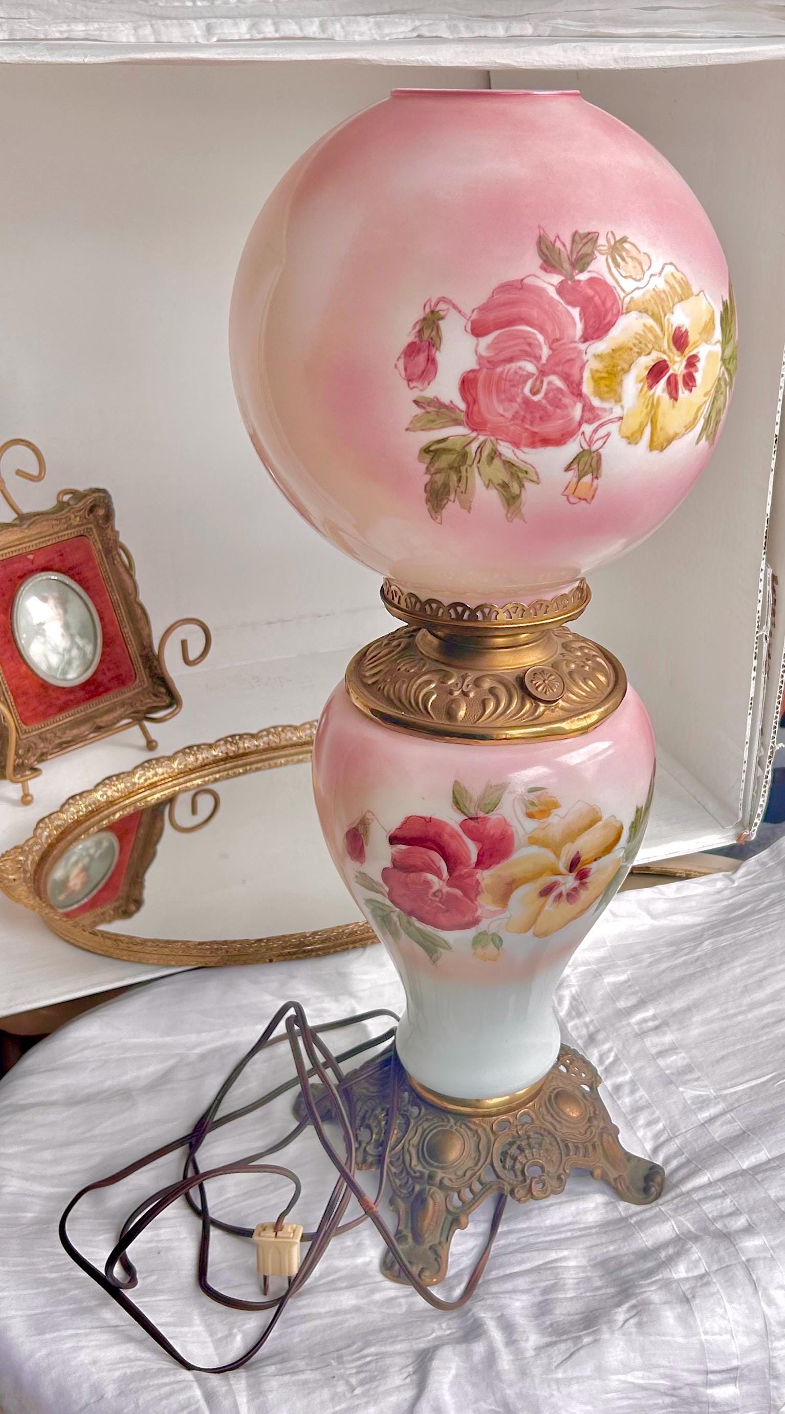 Vintage Pink Tinted Milk Glass Hurricane Lamp: Hand-Painted Pansies, Brass Accents