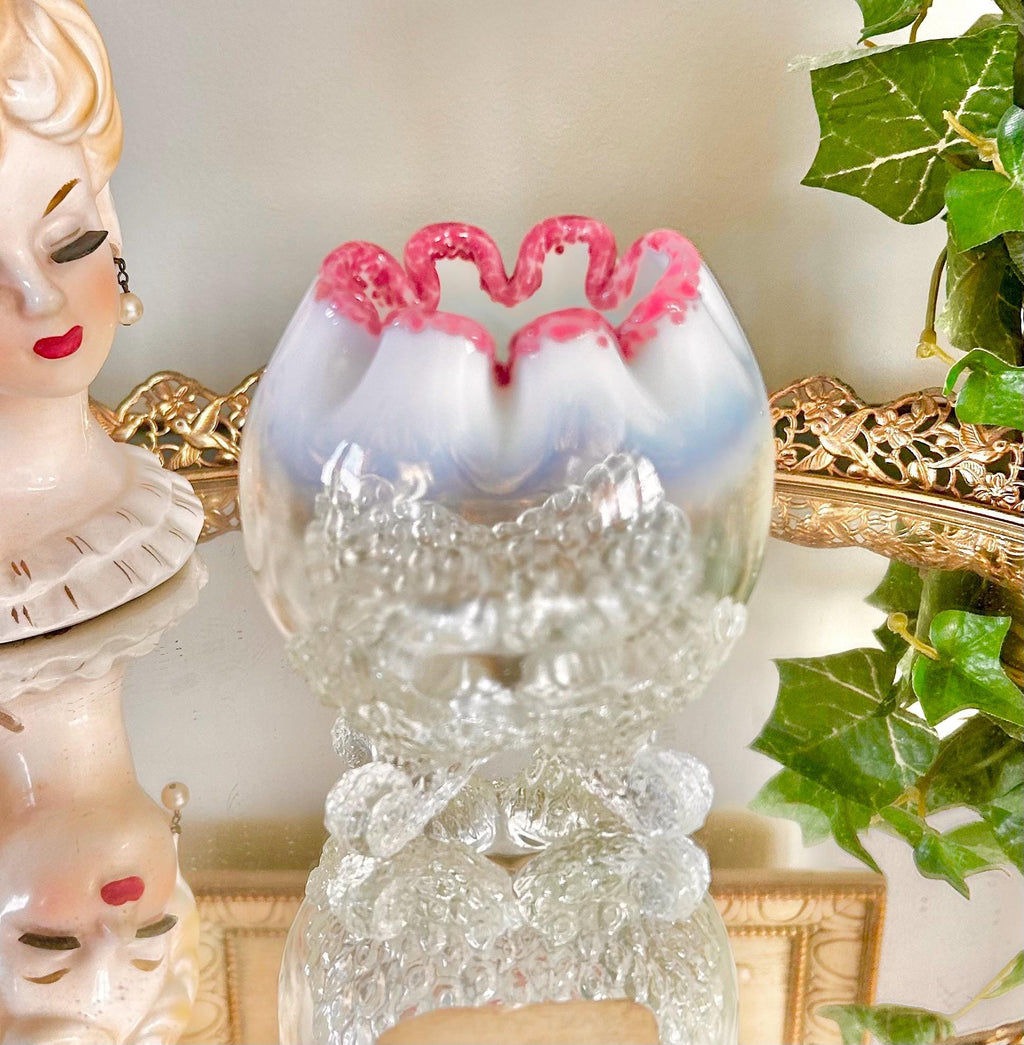 Antique EAPG Uranium Clear and Opalescent Glass Footed Rose Bowl with Pink Edge