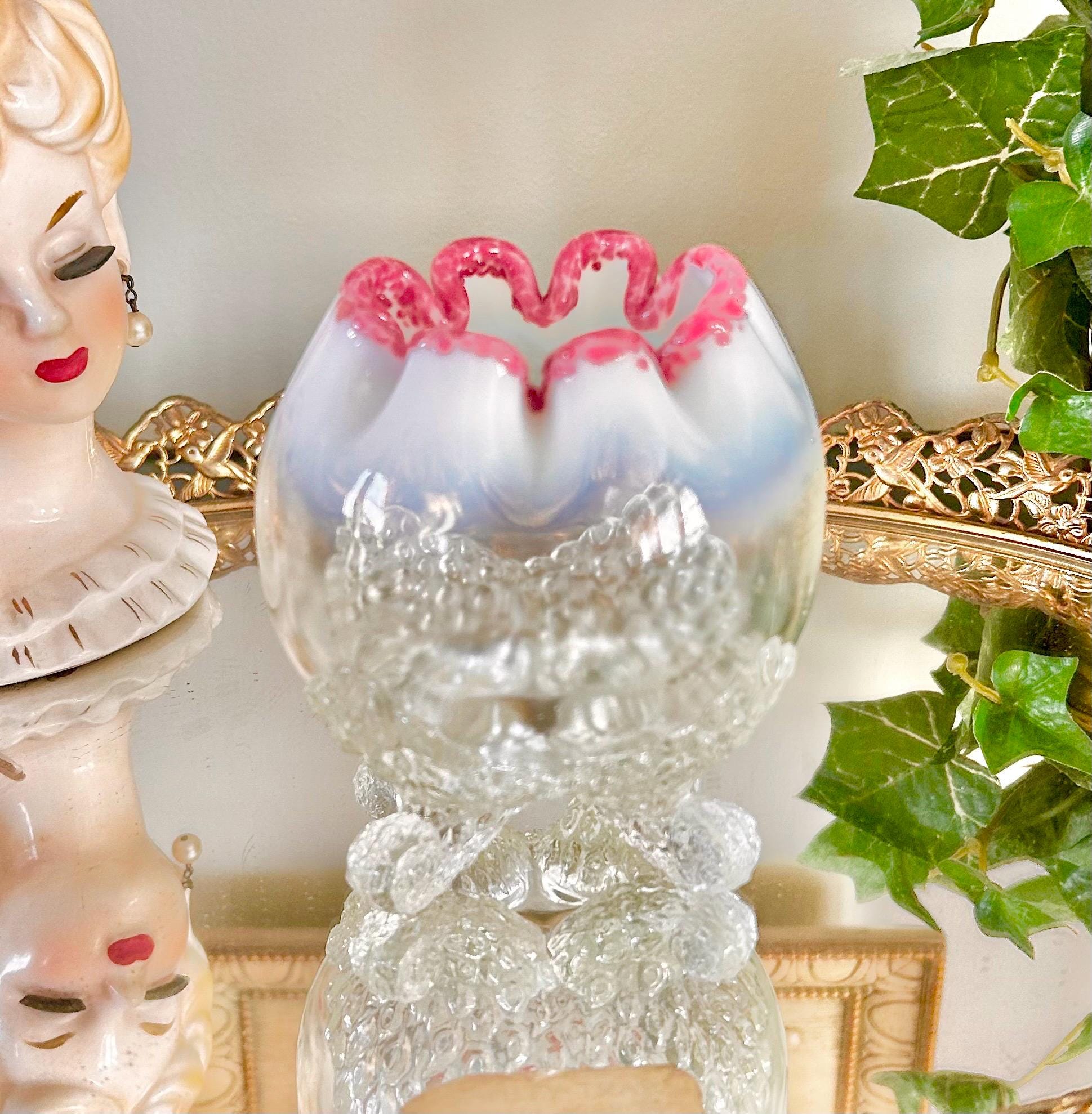 Antique EAPG Uranium Clear and Opalescent Glass Footed Rose Bowl with Pink Edge