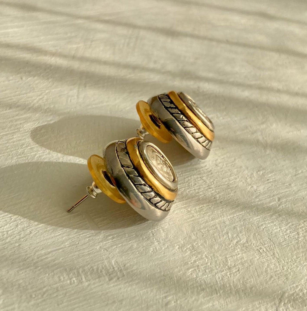 Vintage Roman-Coin-Button Gold and Silver Tone Blend Earrings for Pierced Ears