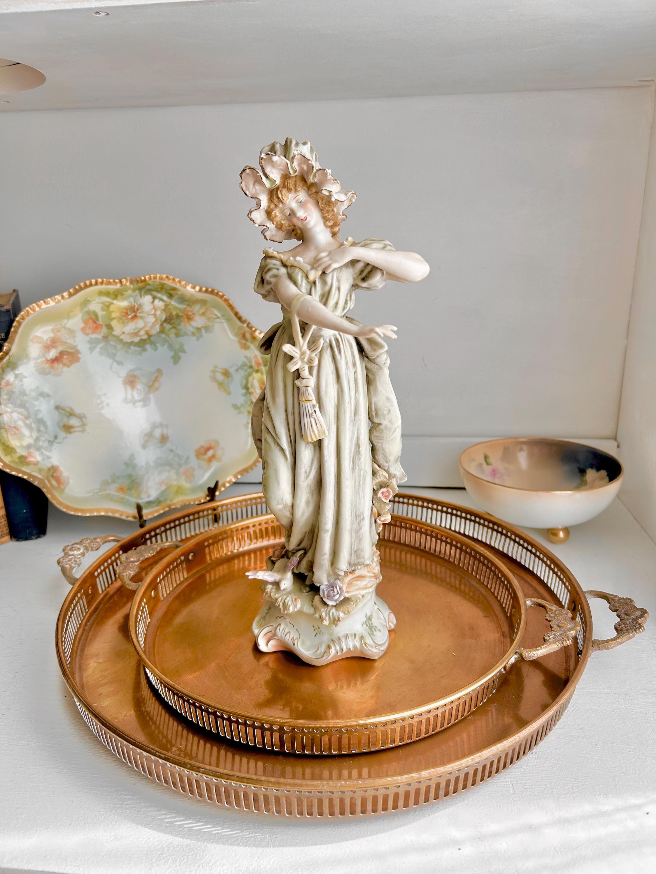 Vintage 12" Porcelain Statuette-Victorian Lady in Bonnet and Flowing Green Gown-Original Arnart Creation Japan