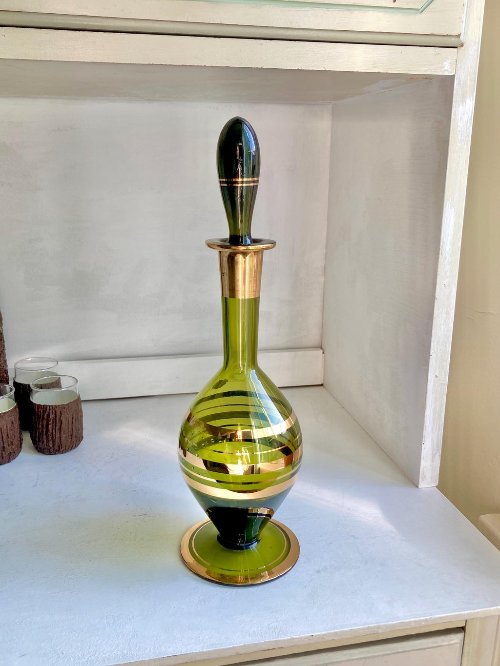 Vintage Blown Green Glass Decanter: Teardrop Stopper, Gold Trim