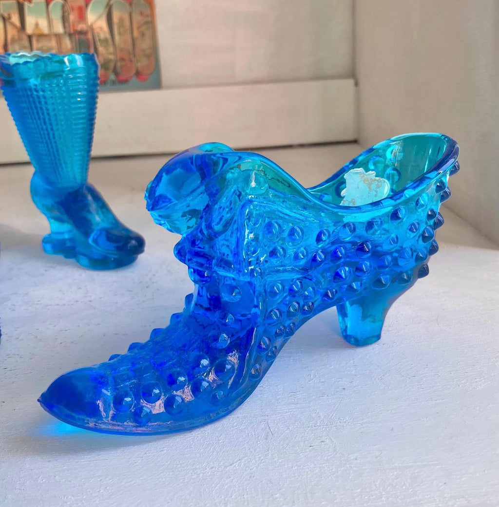 Vintage Blue Glass Slippers: Fenton, LE Smith, Hobnail, Daisy Button
