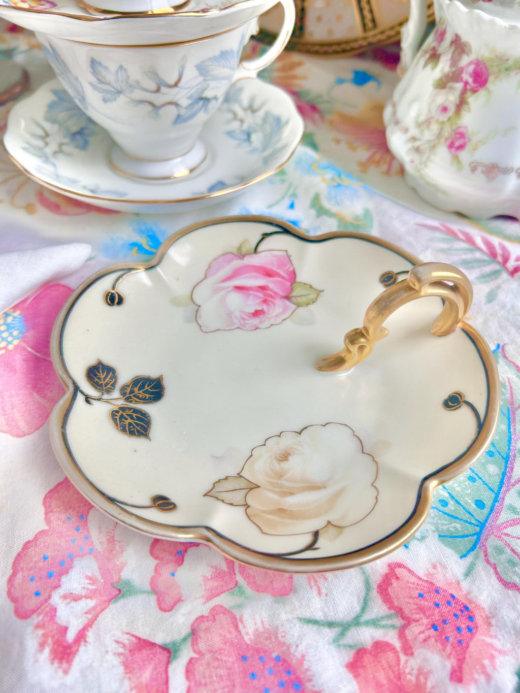 Vintage Bavaria Porcelain Finger Loop Plate: Floral Rose Serving Dish
