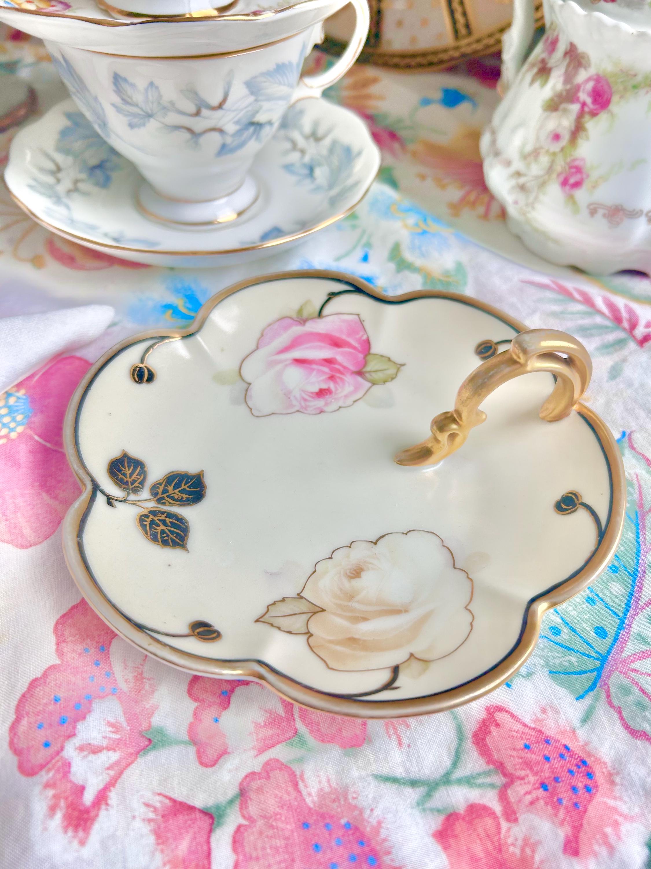 Vintage Bavaria Porcelain Finger Loop Plate: Floral Rose Serving Dish